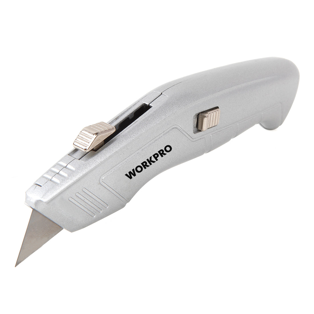 Retractable utility knife with extended blade, WORKPRO silver handle and slider