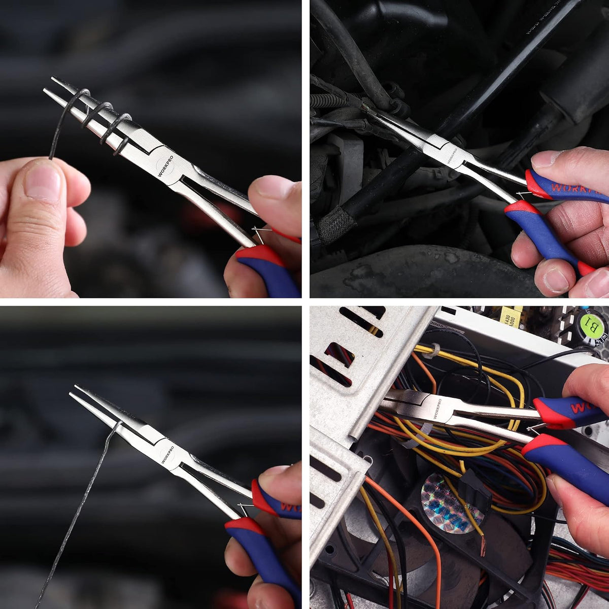 Needle-nose pliers bending and gripping thin wire; close-up with blue-red handles