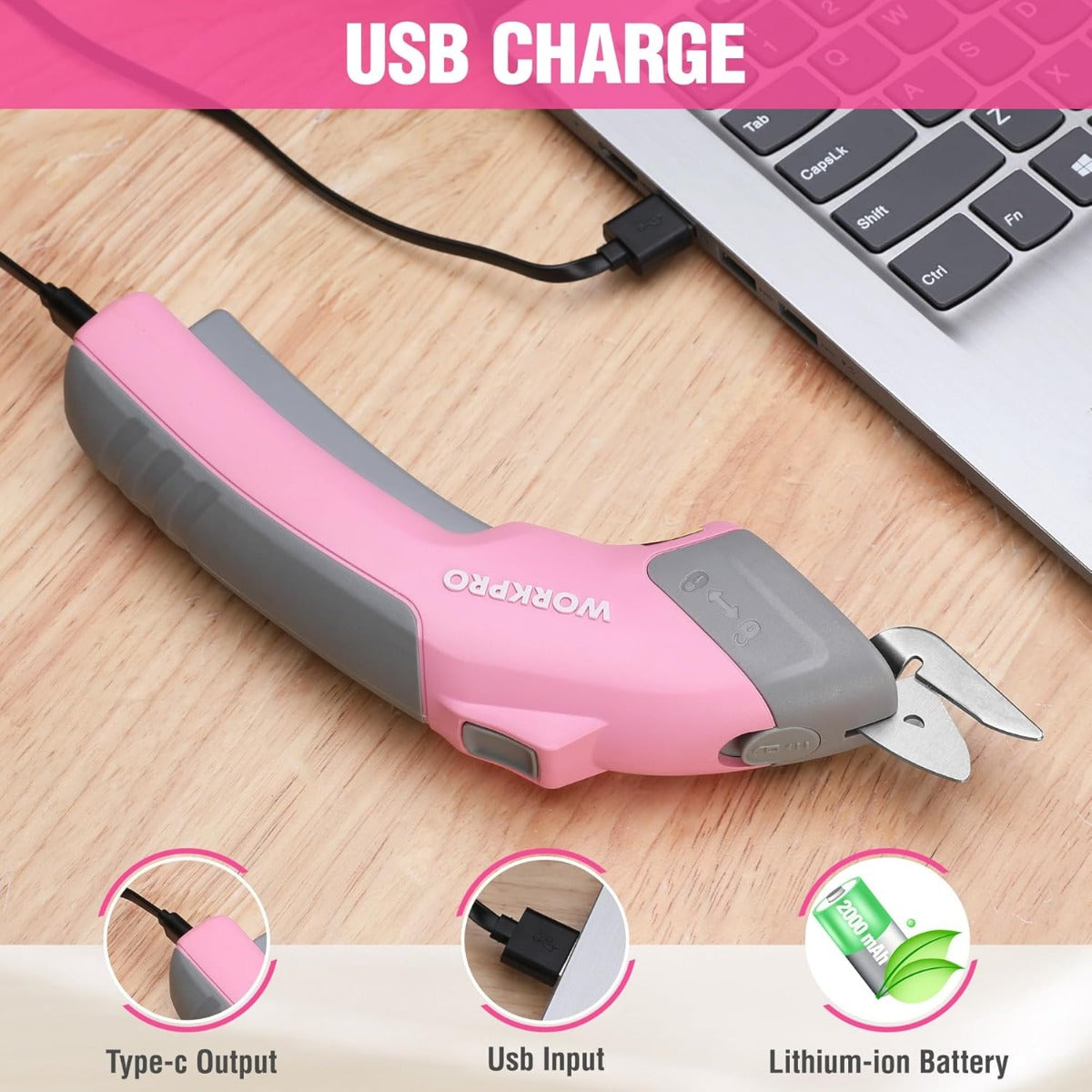Pink cordless electric scissors with USB charging cable and two-prong plug