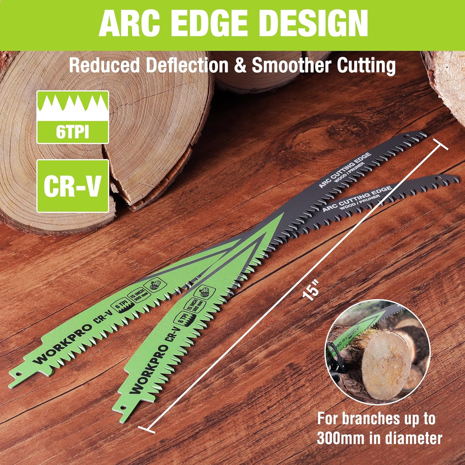 WORKPRO 15 in saw blades, 6TPI arc edge, CR-V steel, wood cutting, 5-pack