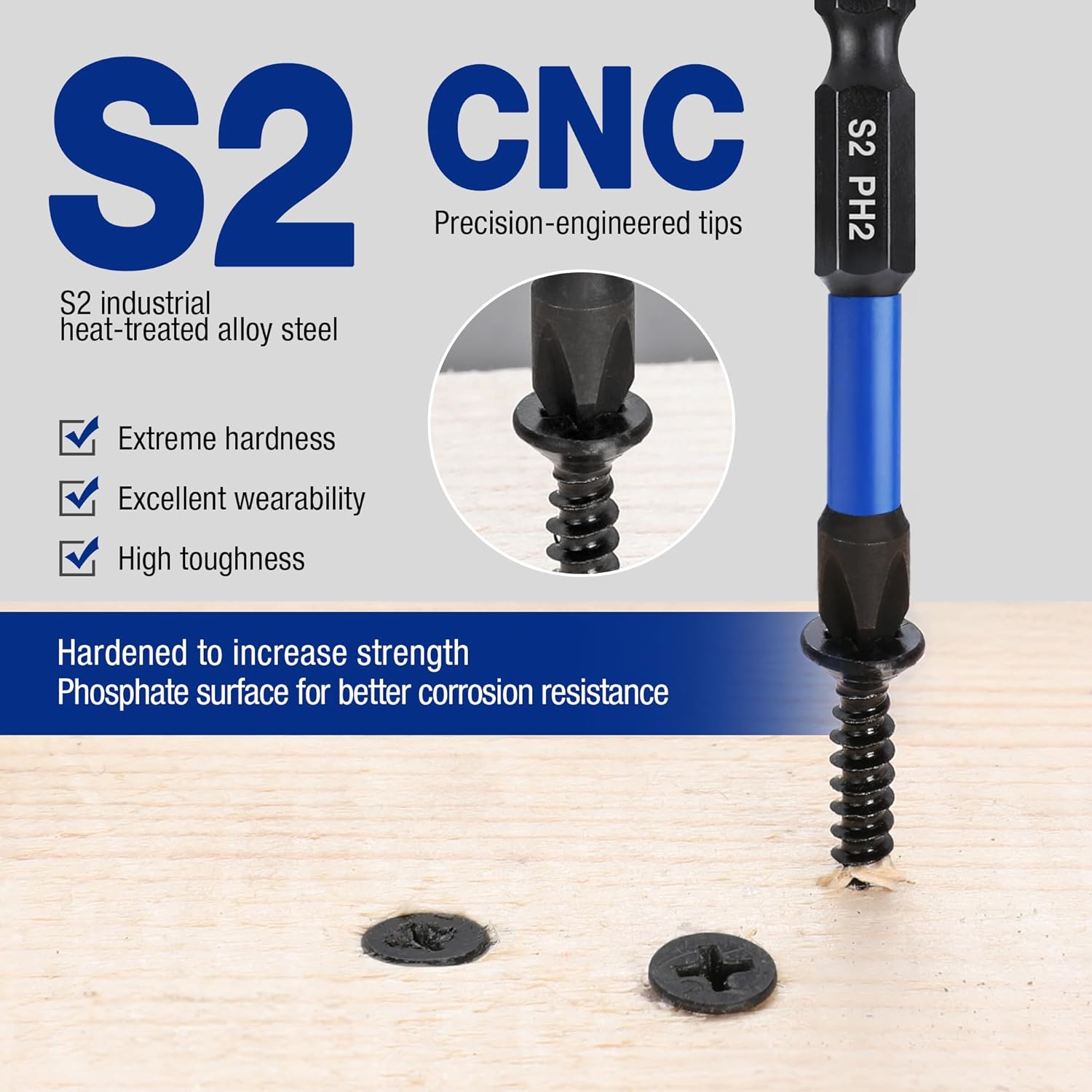 S2 PH2 impact bit with hardened tip and blue shaft, positioned above screws