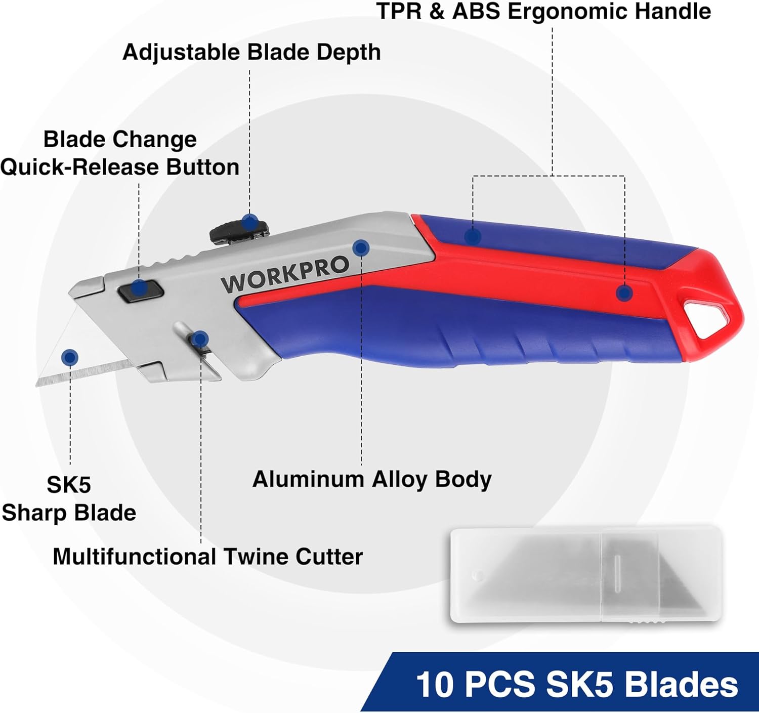 Retractable utility knife with aluminum alloy body, blue handle, red grip, exposed blade.