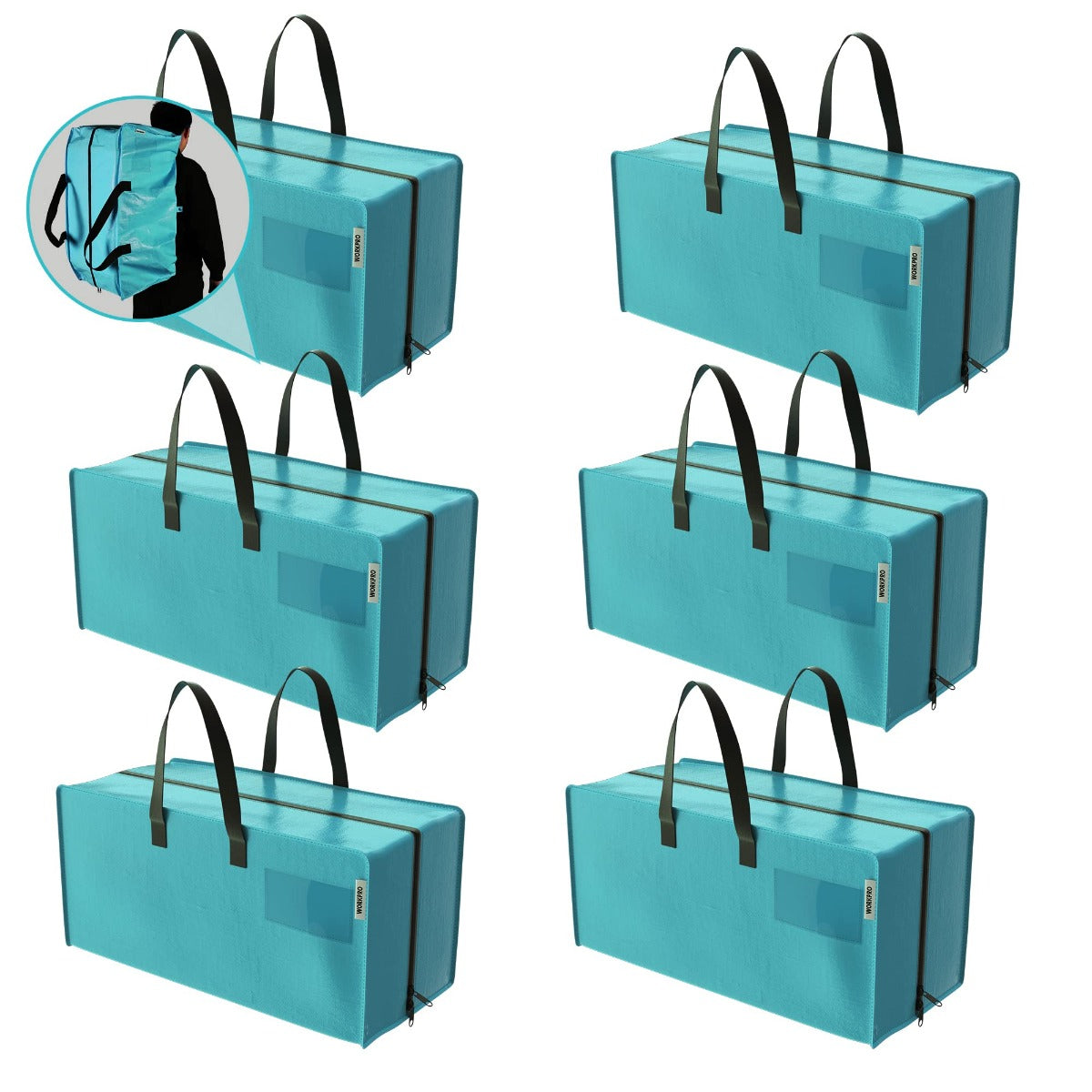 Set of blue zippered storage tote bags with black handles and side zipper