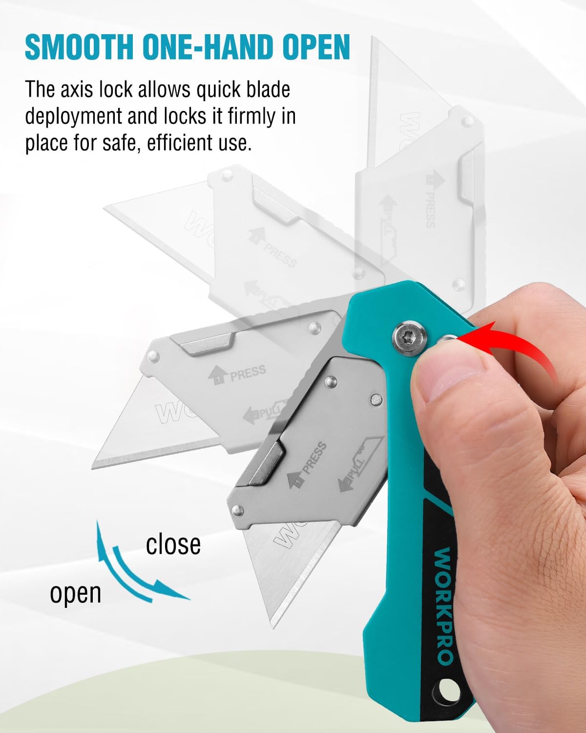 Folding utility knife with teal handle, axis lock shown, blade in open position
