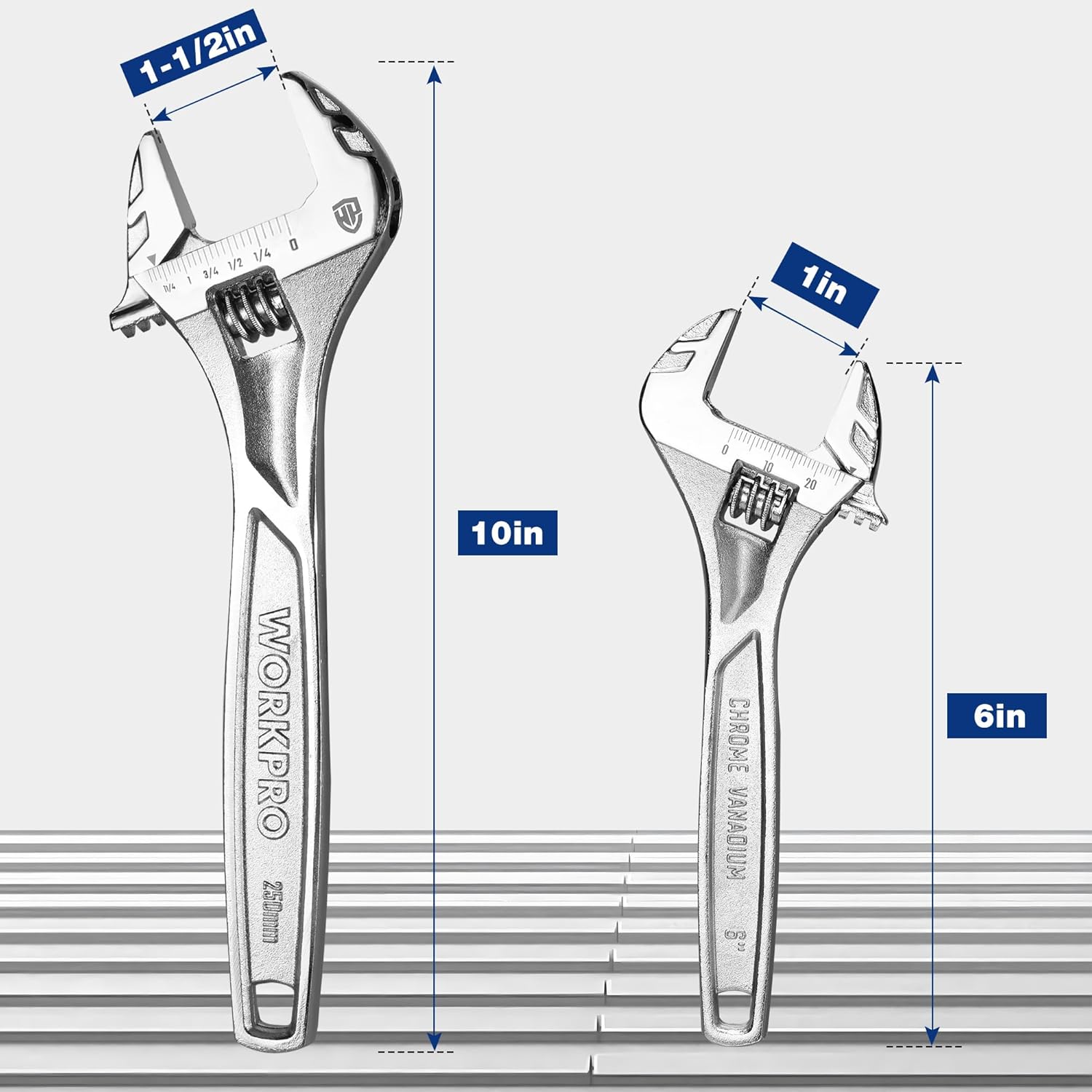 6 in and 10 in adjustable wrenches with metric and inch scale markings