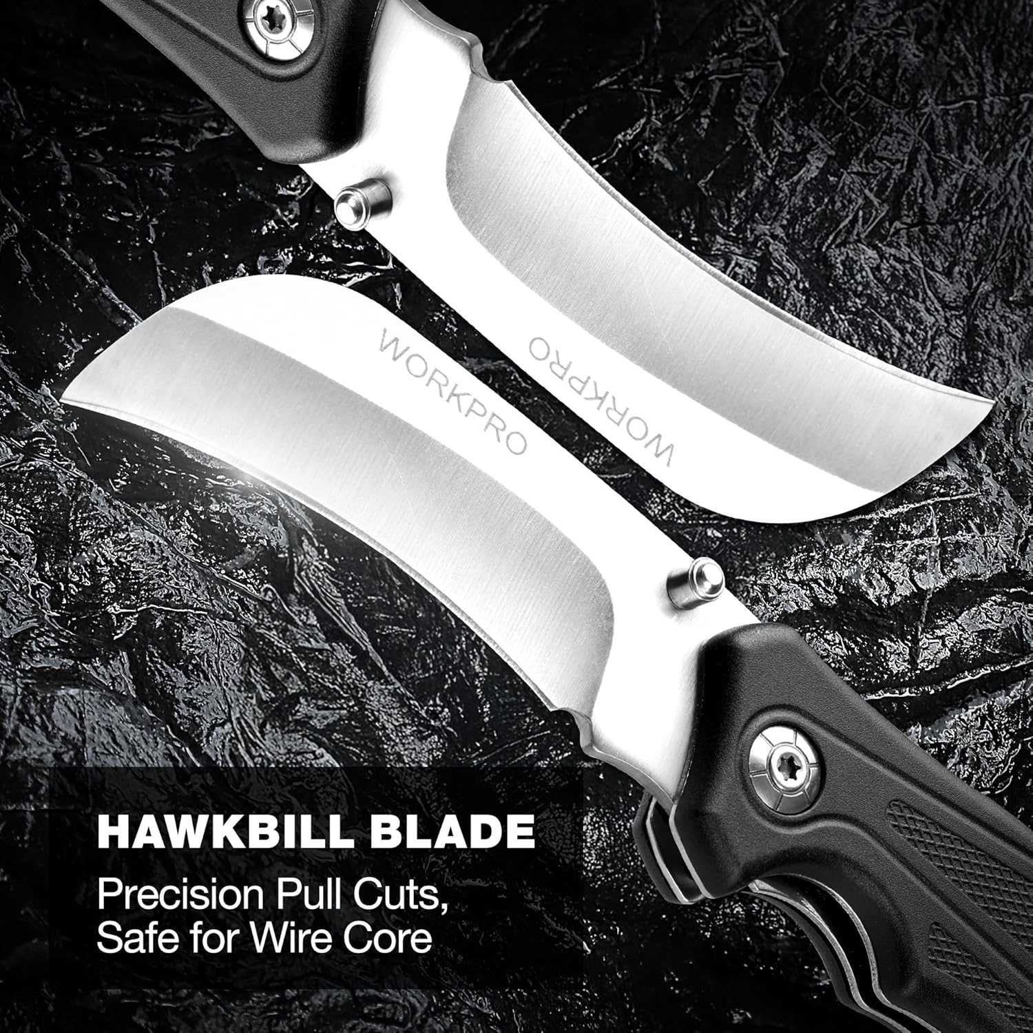 WORKPRO hawkbill blade folding knife with curved cutting edge and black handle grip.