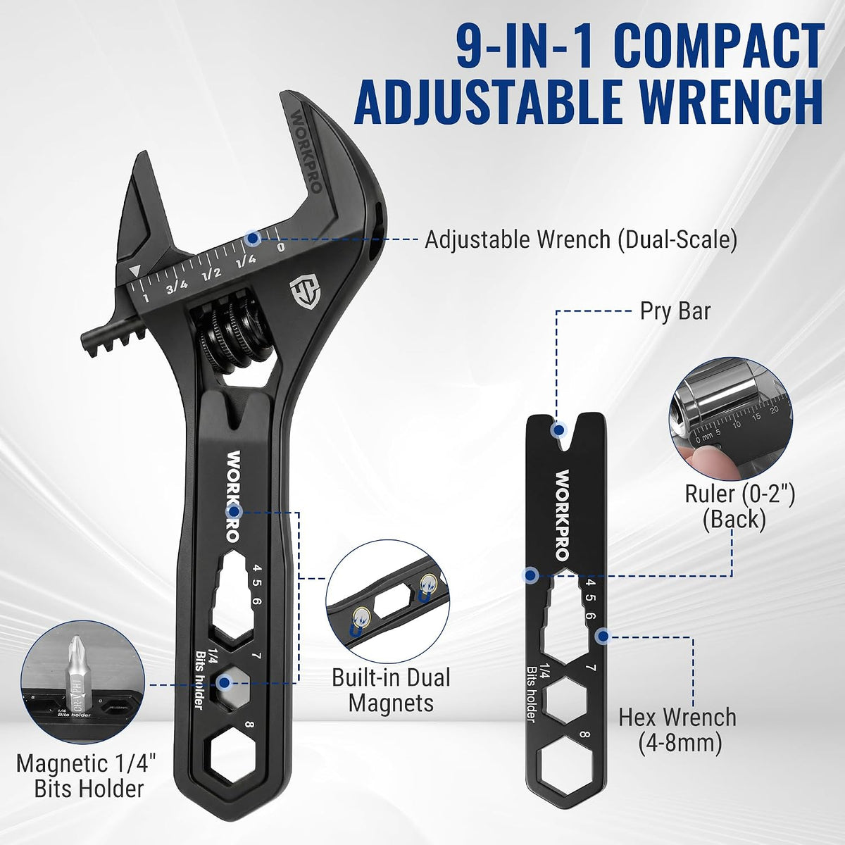 WORKPRO 4" Adjustable Wrench Wide Jaw Opening, 9-in-1 Mini Wrench Multitool