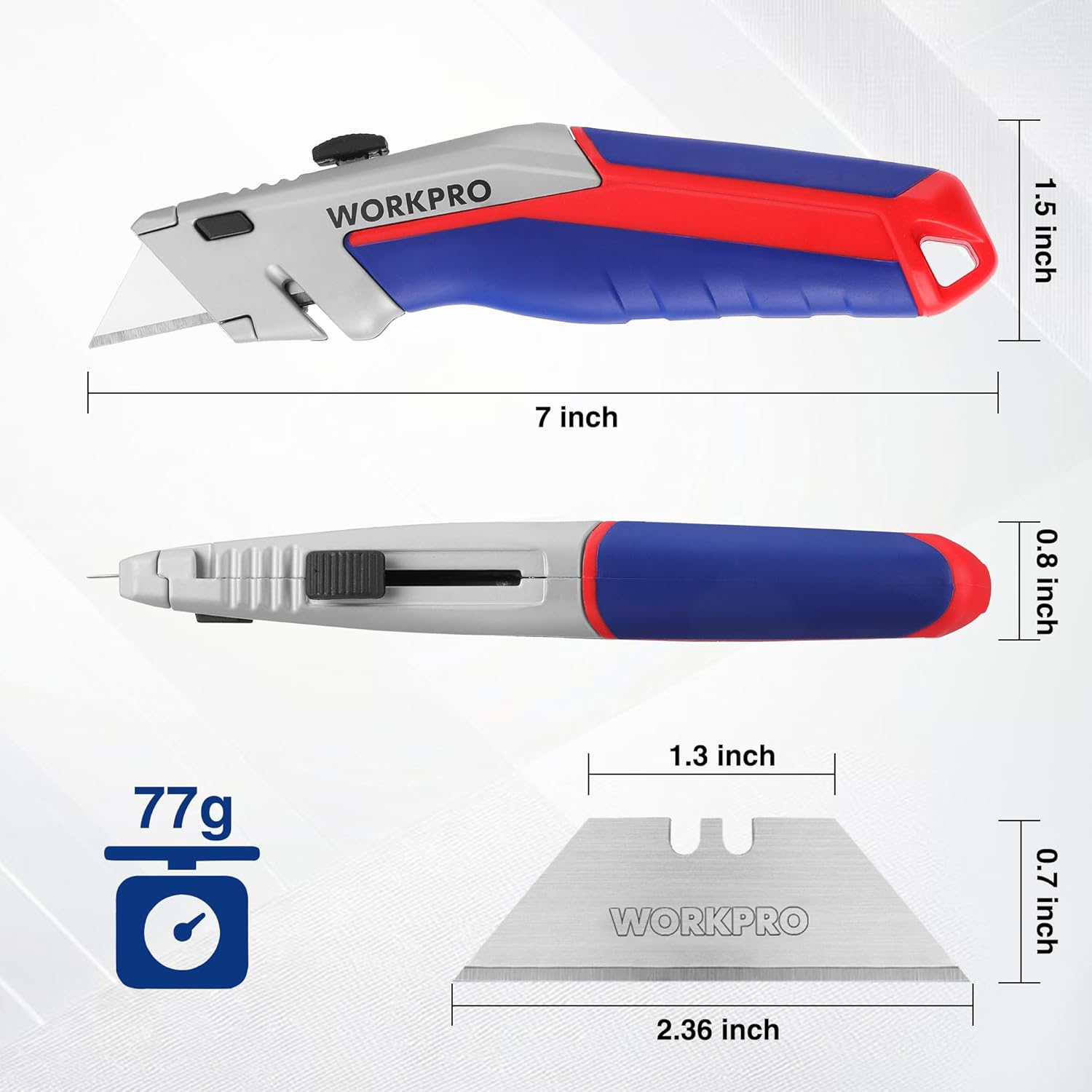 Retractable utility knife with blue-and-red comfort grip and adjustable blade depth.