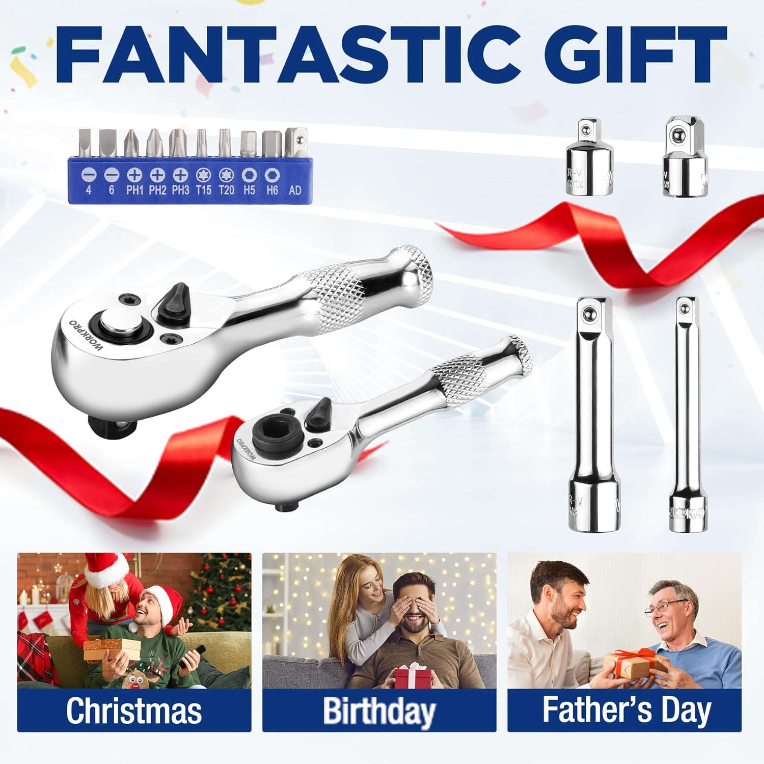Stubby ratchet and driver kit with hex bit row and extension bars for compact access