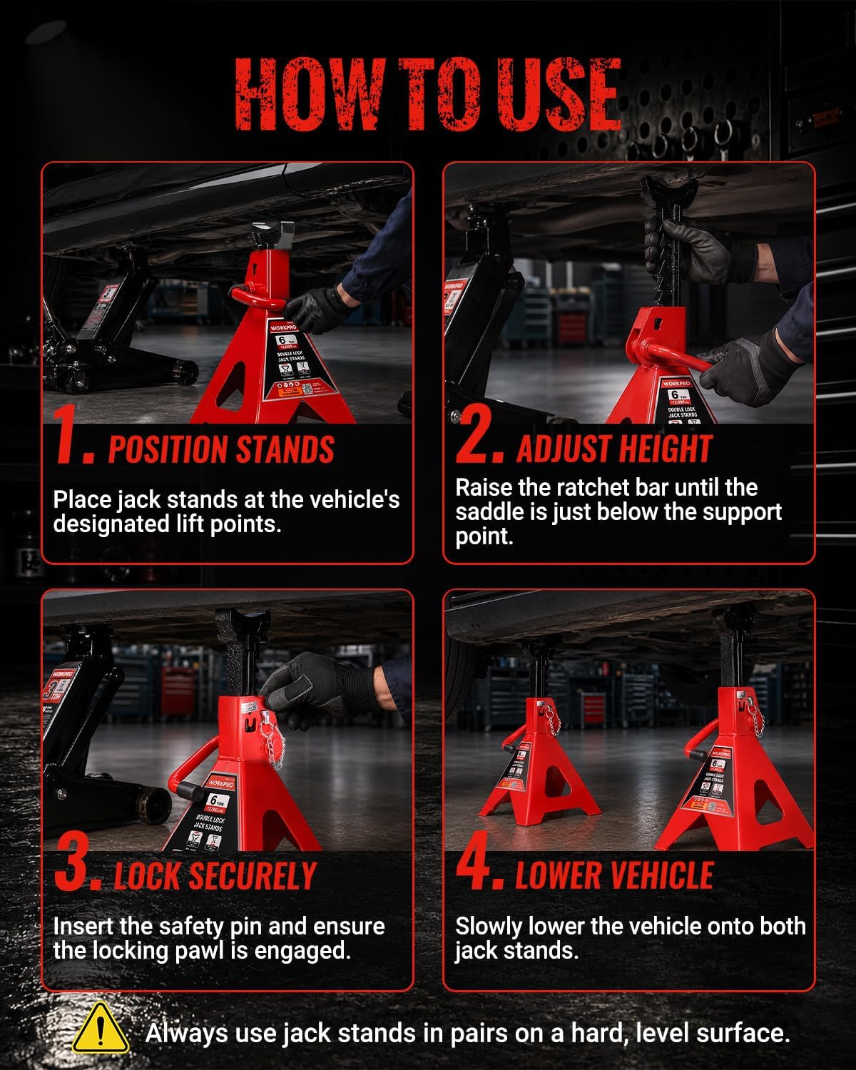 WORKPRO 6 Ton Jack Stands with Double Lock, 12000 LBS Capacity, 1 Pair | Heavy-Duty Premium Steel Construction, Wide Base Stability, Adjustable Lift Height