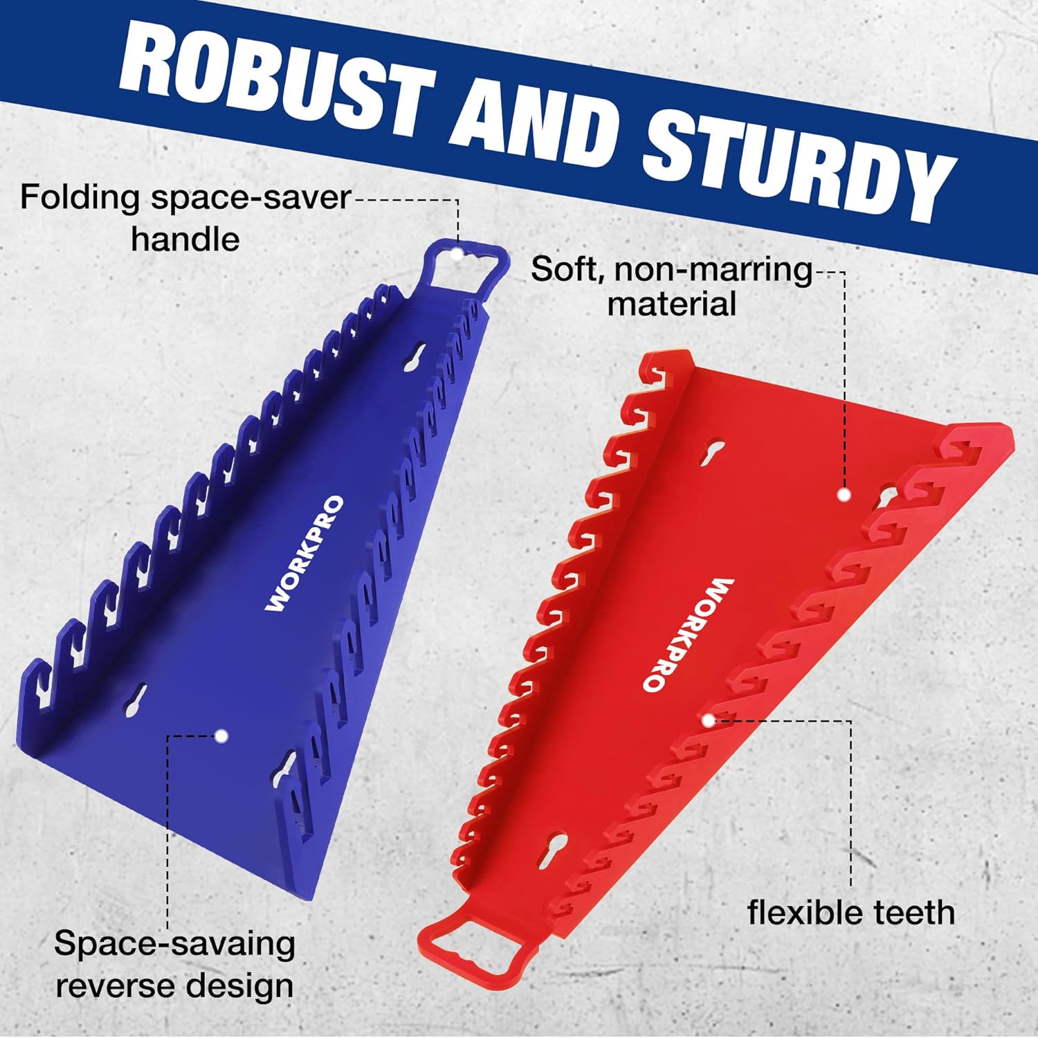 Folding blue and red magnetic wrench racks with soft, non-marring gripper teeth