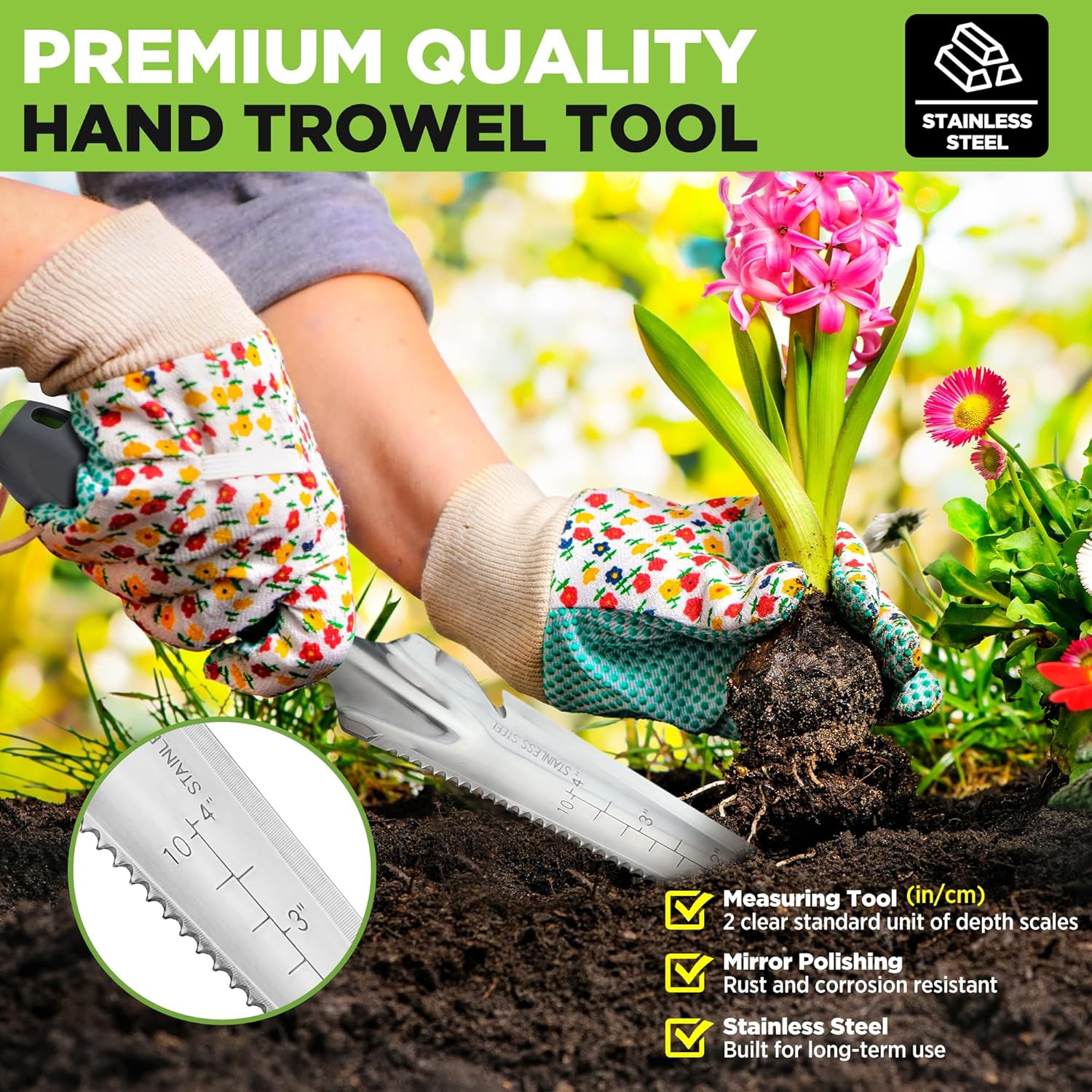 Stainless hand trowel/weeder tool with green-and-gray handle and measured serrated blade