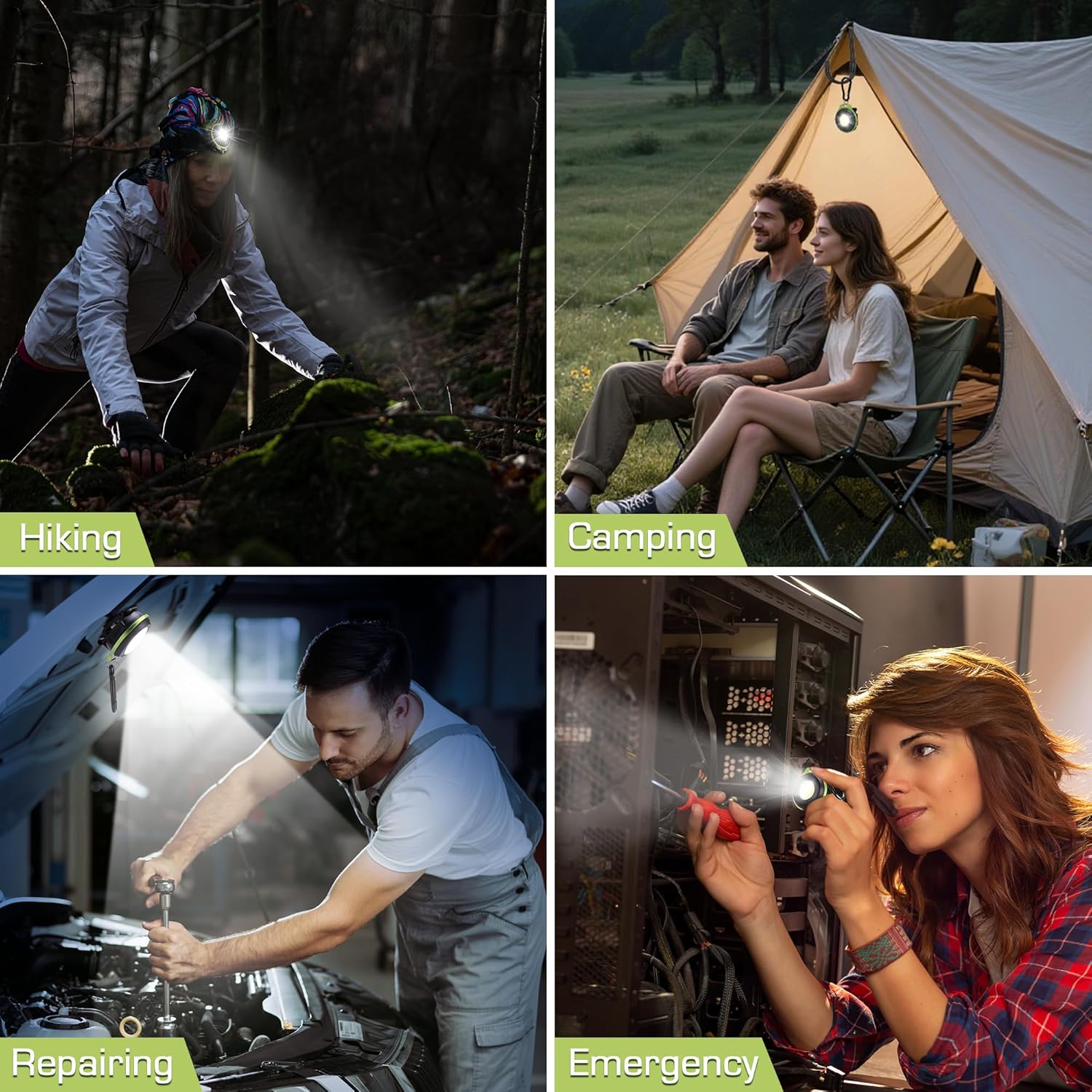Green COB keychain flashlight shown in outdoor use for camping, repair, and emergency