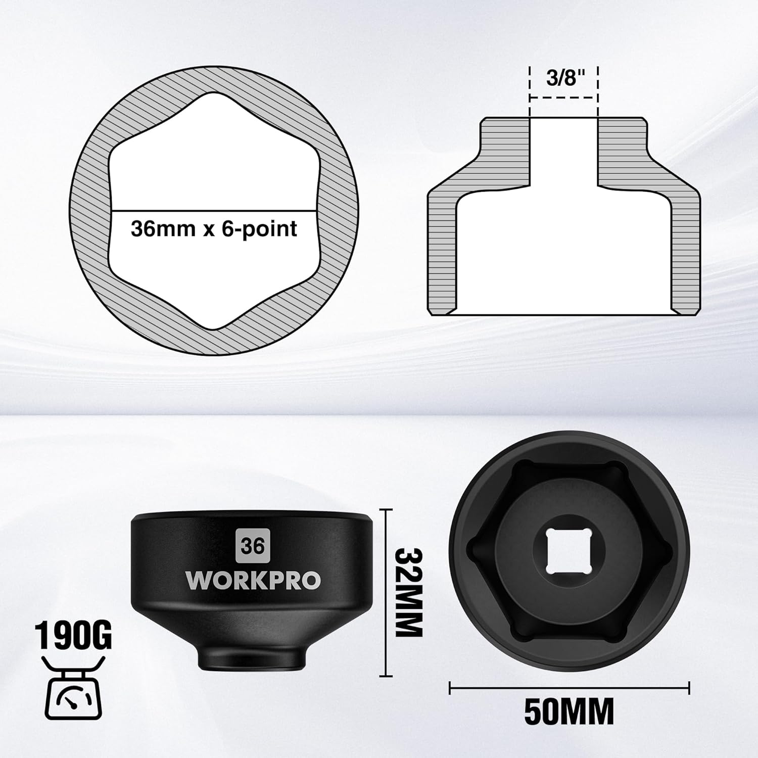 36mm oil filter socket wrench, 6-point hex, 3/8 in drive