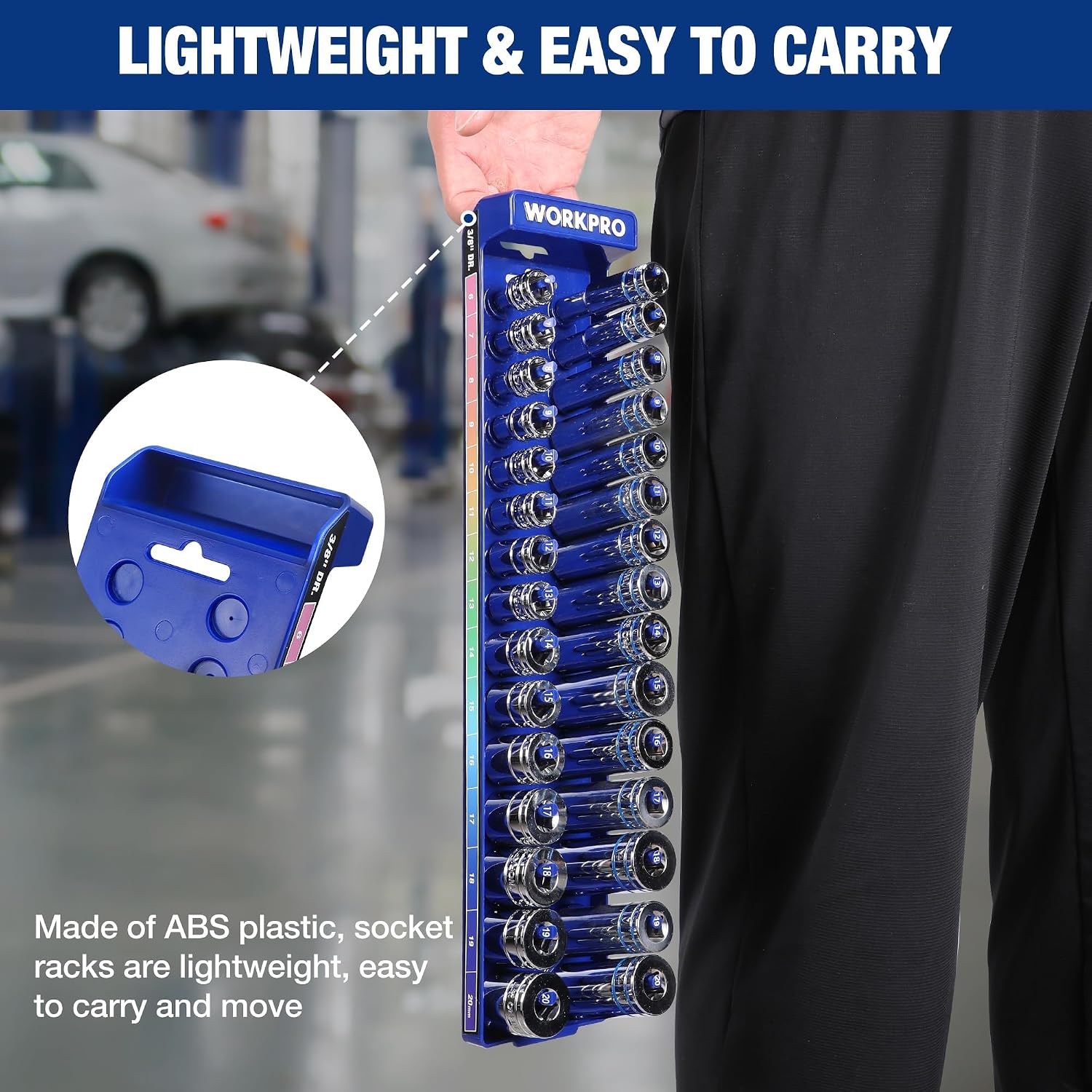 Compact blue socket organizer rack made from ABS plastic for easy carrying and storage