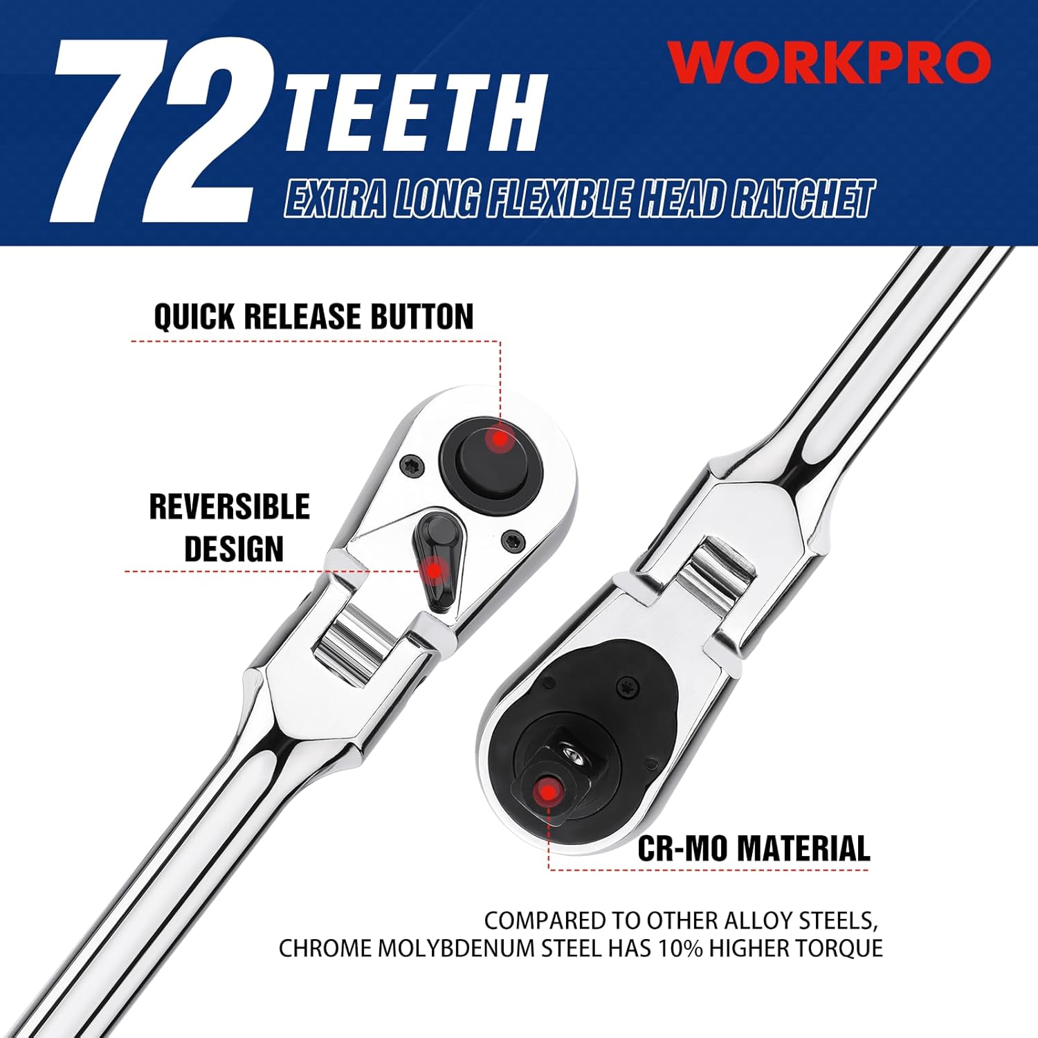 Extra-long flex head ratchet with quick-release button and reversible head, chrome finish