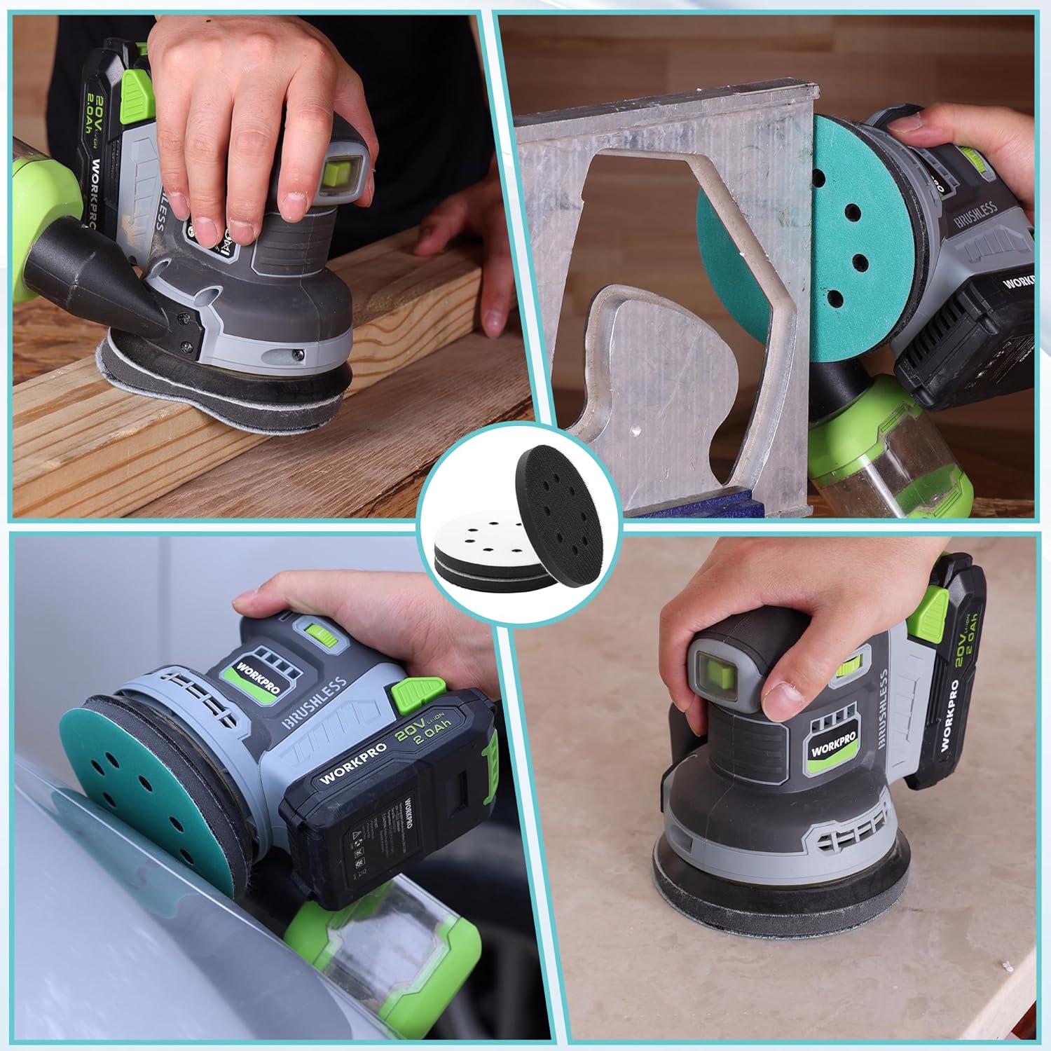 Orbital sander sanding a wooden surface with a teal and black hook-and-loop pad