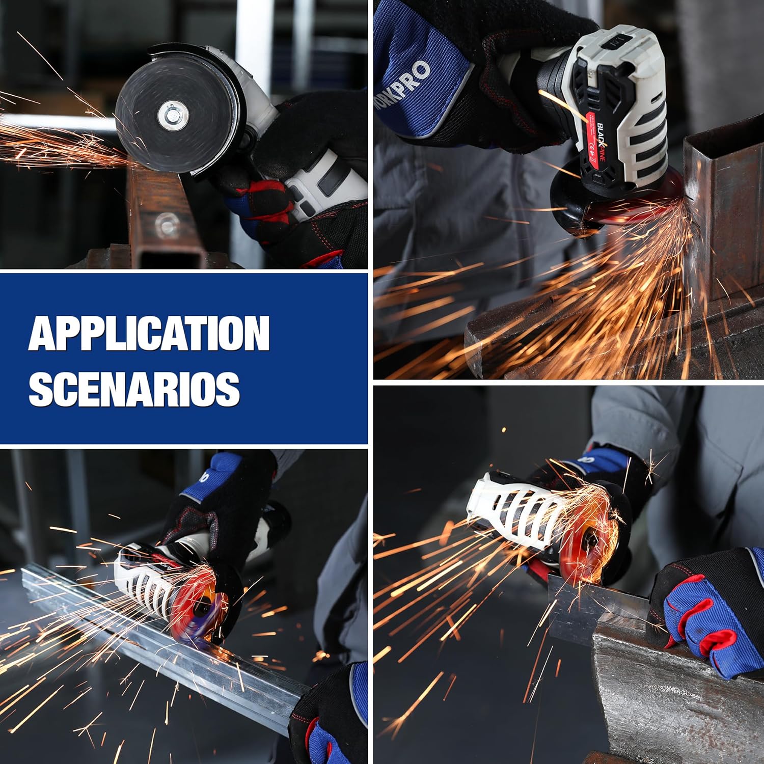 Cut-off wheel grinding metal with sparks, shown in multiple application scenes