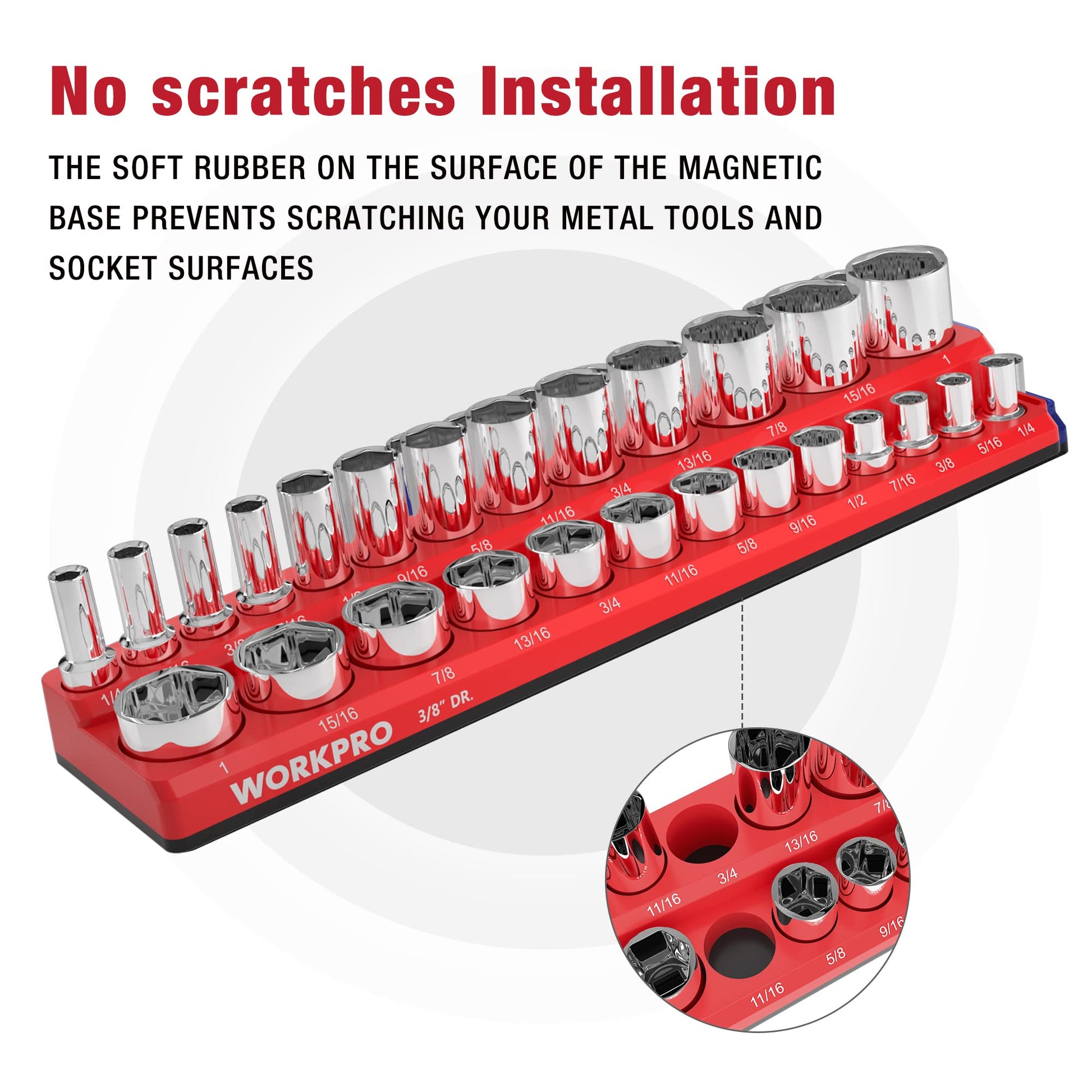 Red magnetic socket organizer set with chrome sockets and soft rubber anti-scratch base