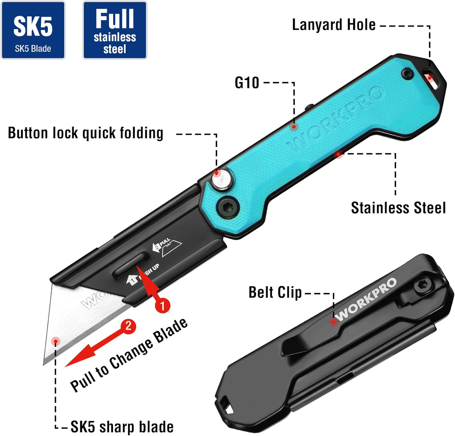 Foldable box cutter with button lock, SK5 blade, stainless steel construction, belt clip.