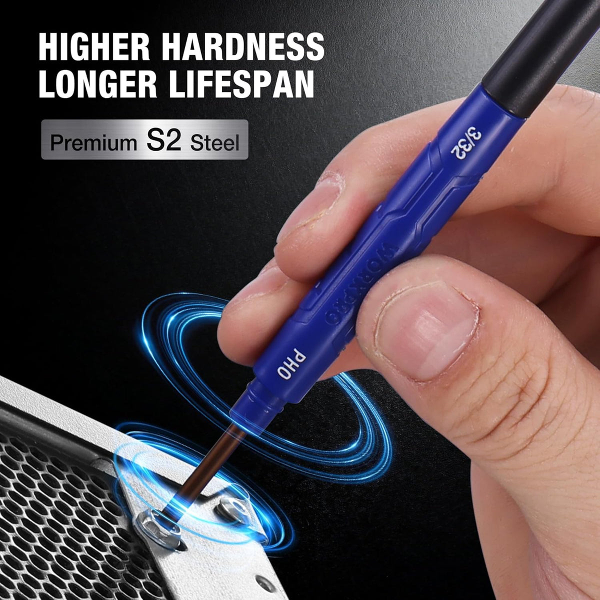 Blue-handled precision screwdriver with S2 steel shaft tip held near electronic screws