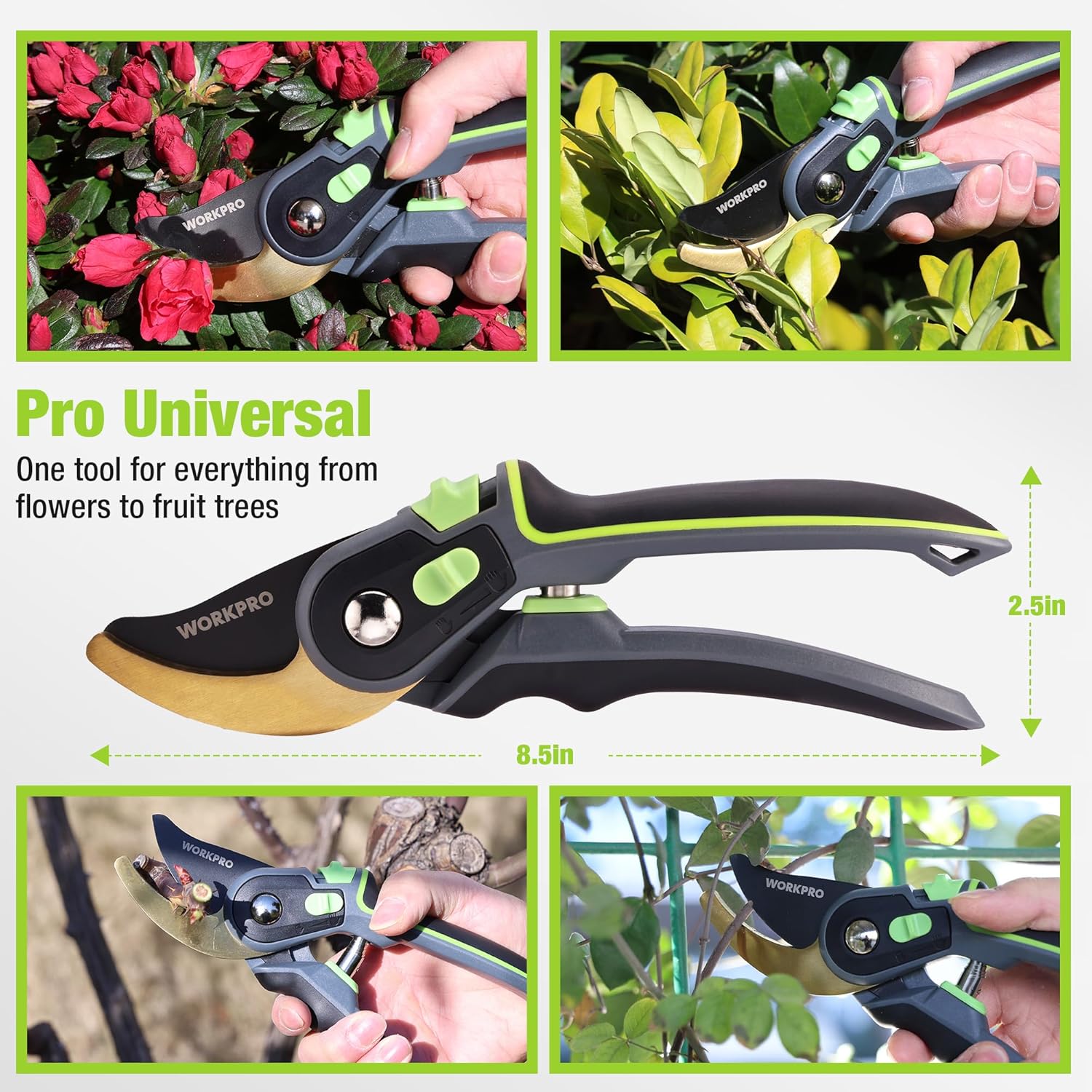 Universal bypass pruning shears with black-and-green handles and gold blade, product length shown