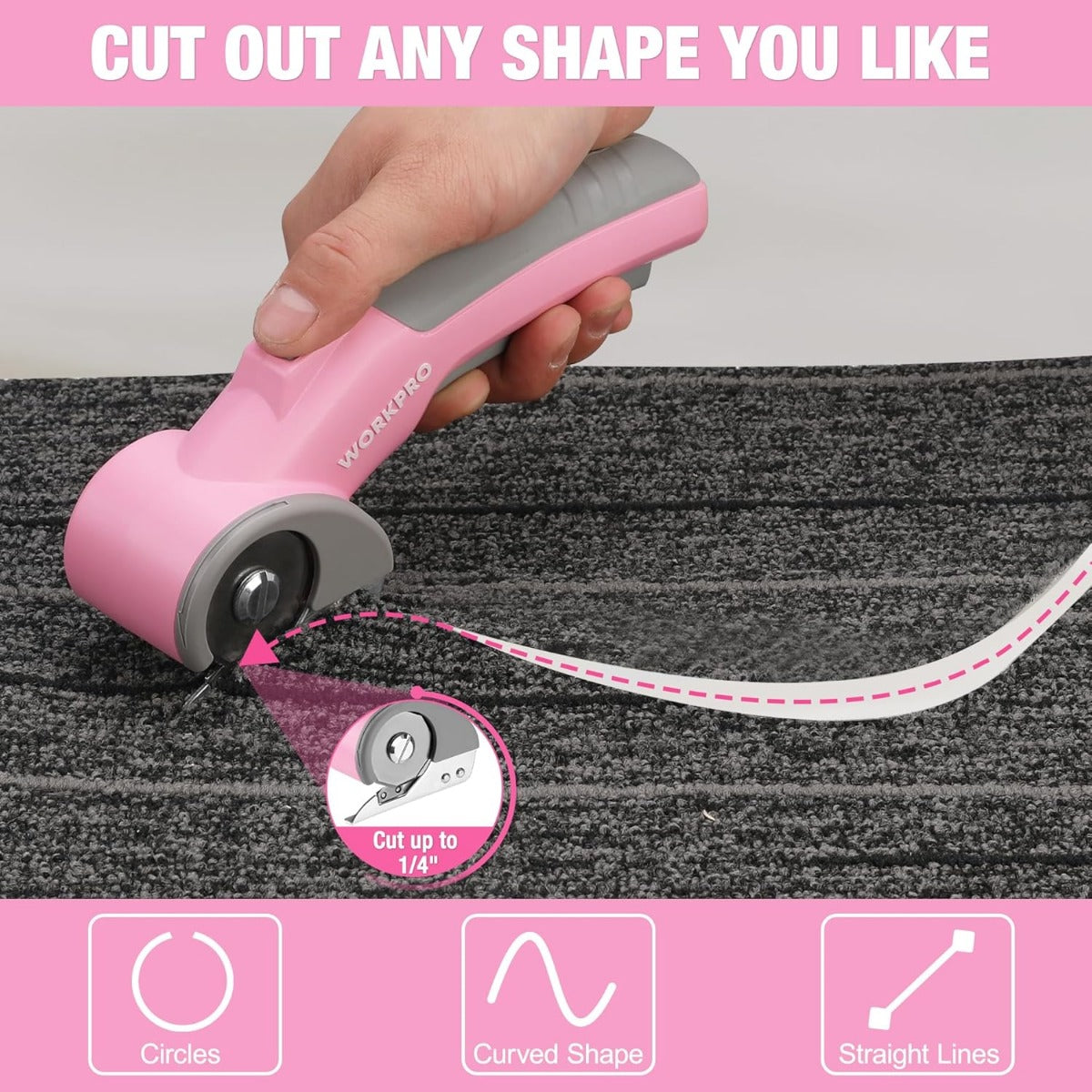 Pink rotary cutter making a curved cut on carpet fabric