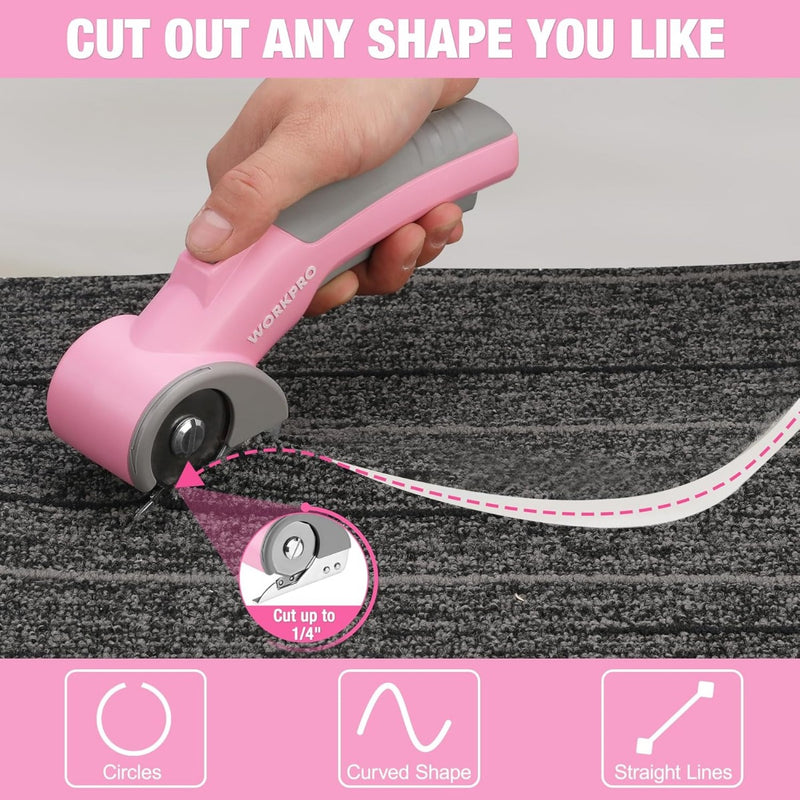 WORKPRO 4V Cordless Electric Scissors/Rotary Cutter with Storage Case - Pink Ribbon