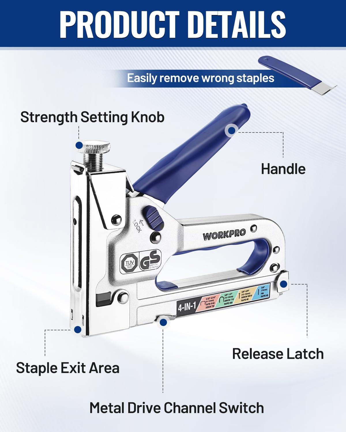 Manual staple gun with blue handle, metal drive channel switch, and release latch