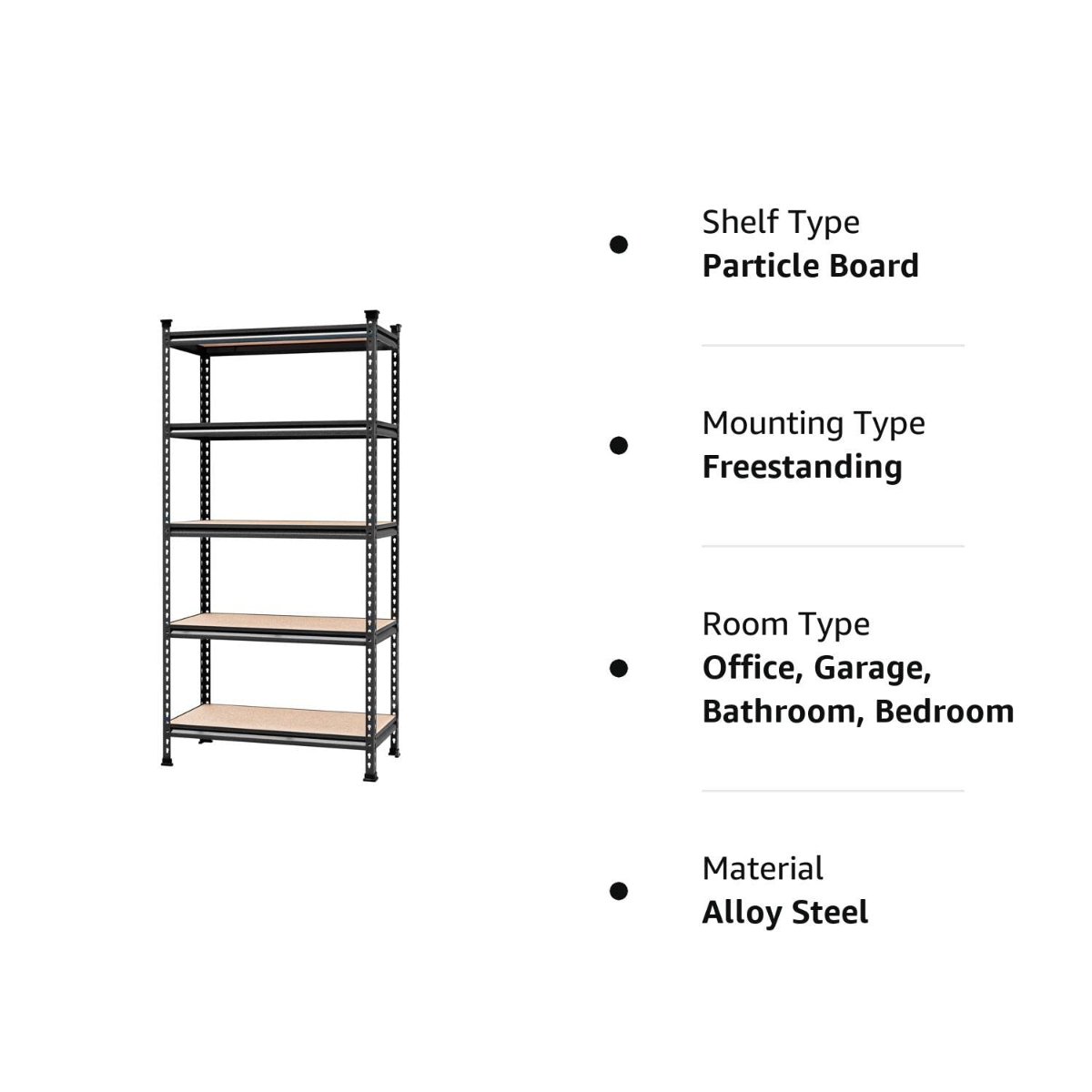 Freestanding adjustable metal rack with particle board shelves and perforated uprights