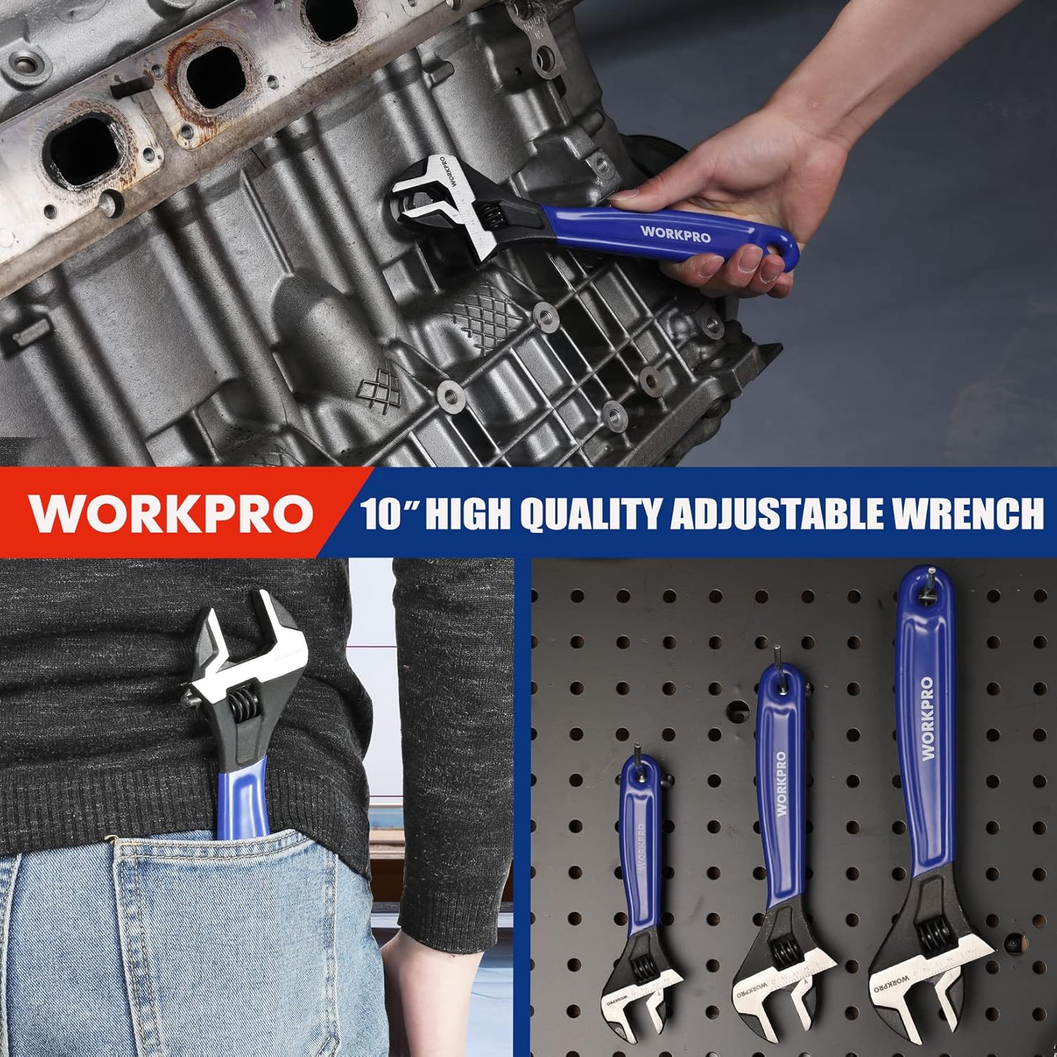 10-inch adjustable wrench held in hand on engine block; blue handle with black jaws