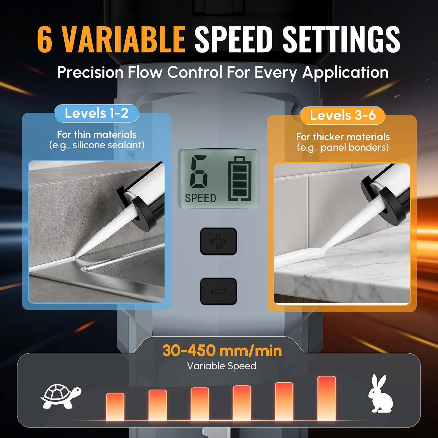 Cordless caulking gun with variable-speed control display on the handle