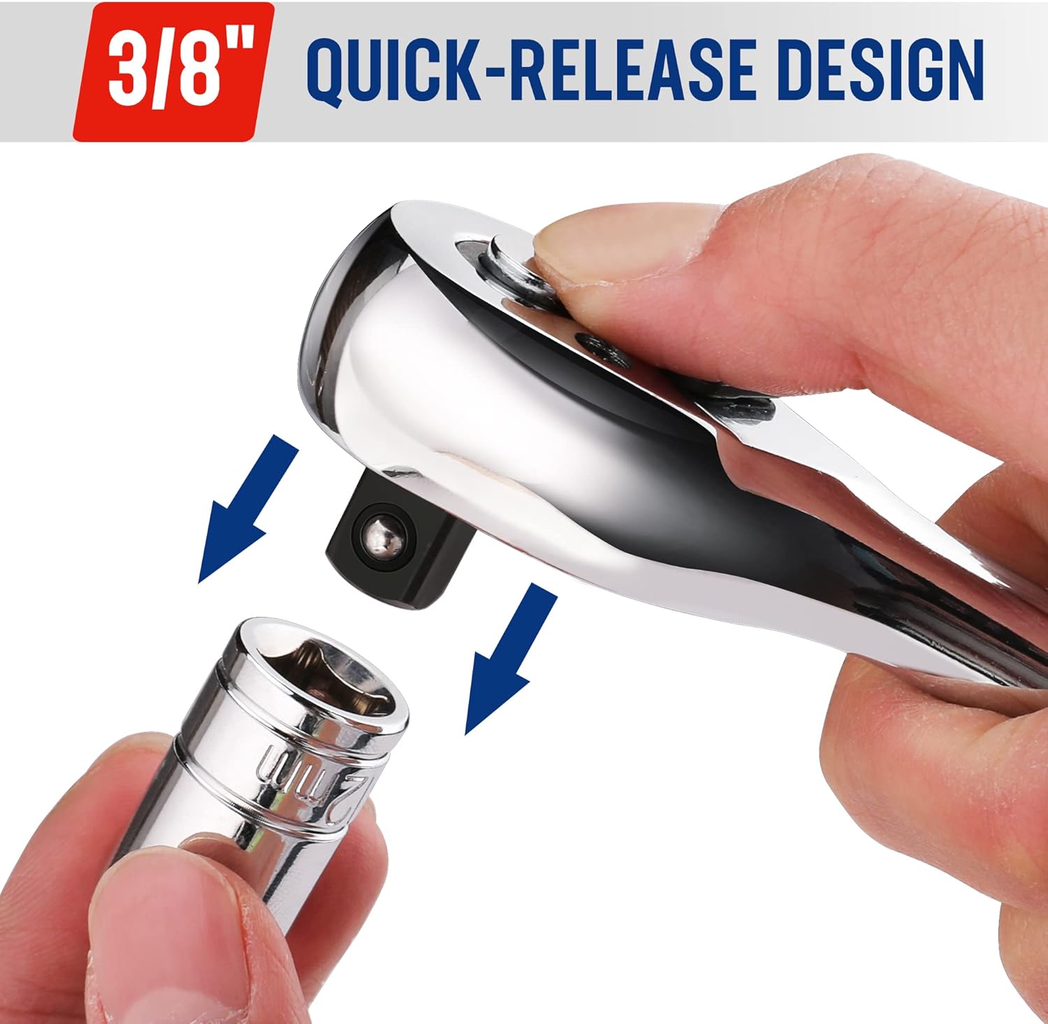 Ratchet wrench with quick-release switch near socket end, held in a hand.