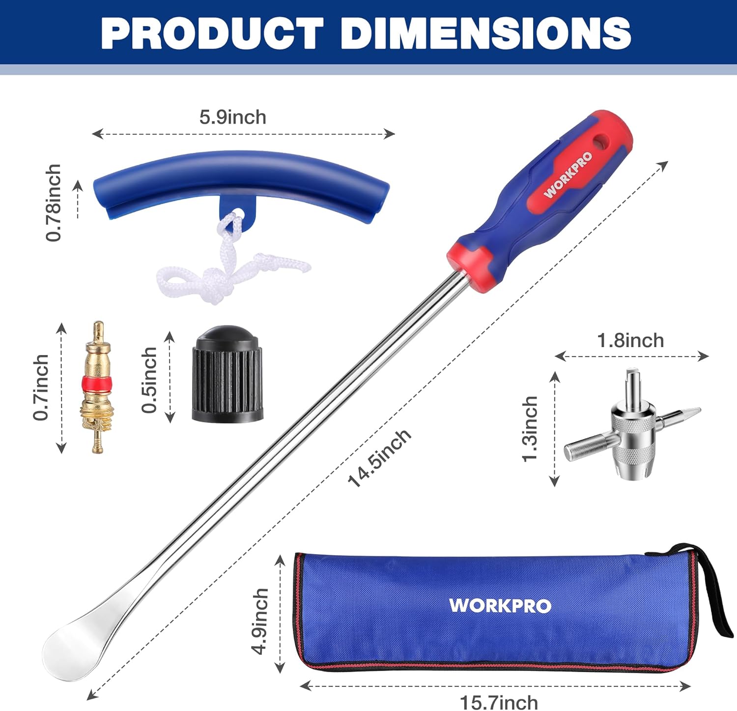 WORKPRO tire tools with 14.5-inch tire spoons, valve cap, 4-way tool, and storage bag