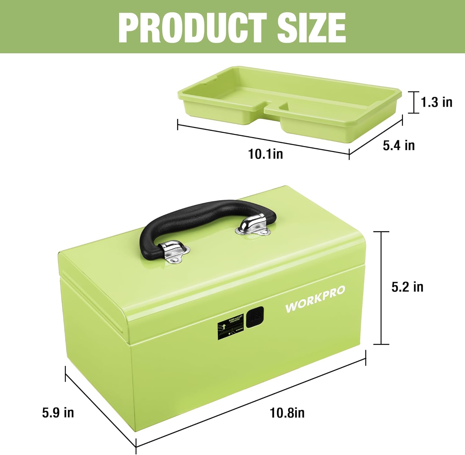 Lime green mini metal tool box with black handle and removable tray