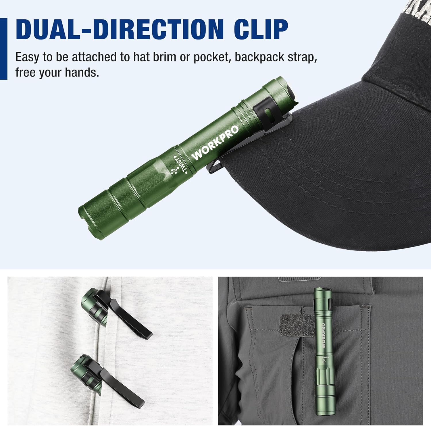 Green rechargeable pen light with dual-direction pocket clip