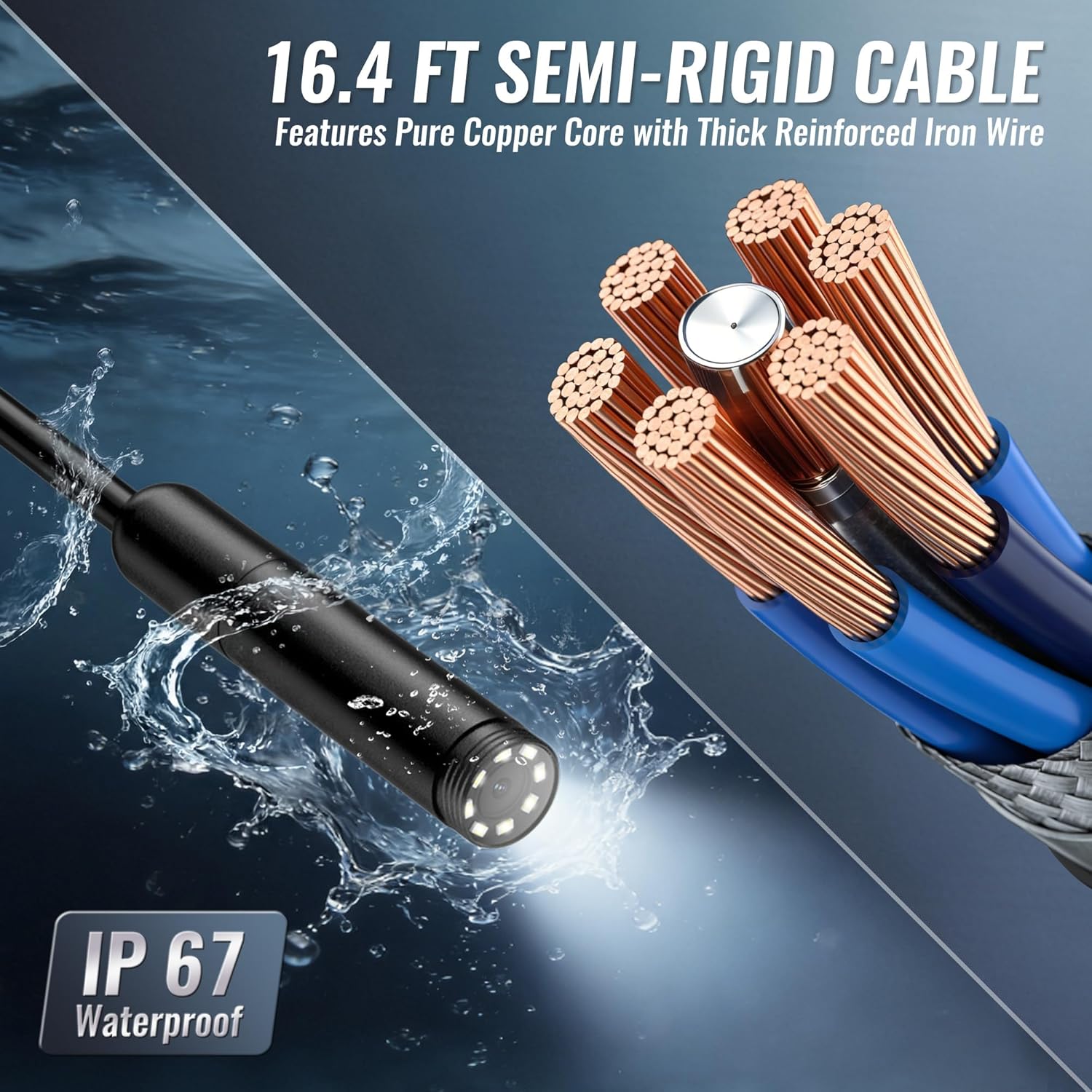 Waterproof endoscope cable with black camera tip and semi-rigid probe