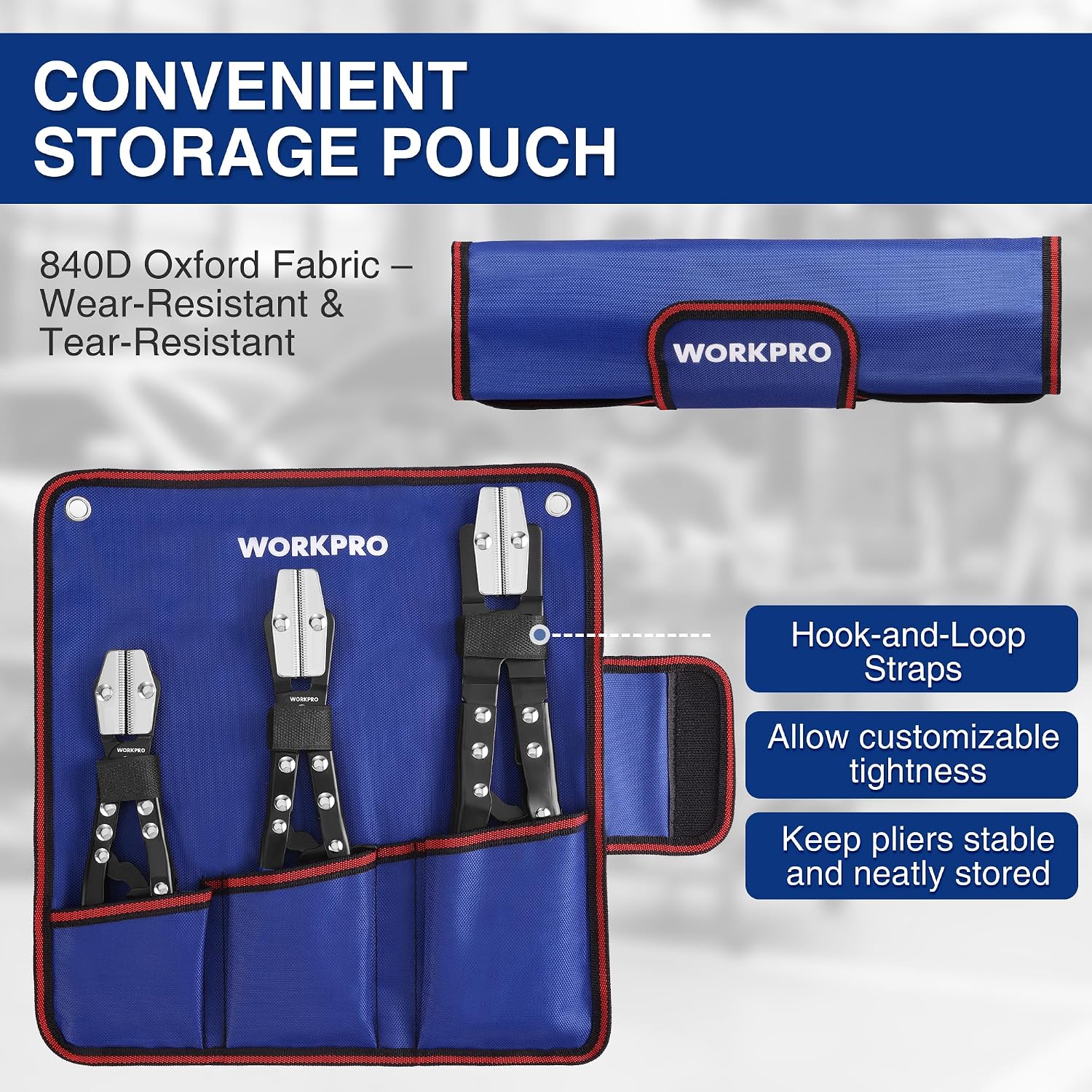 WORKPRO 3-piece hose pliers storage pouch with hook-and-loop straps, blue