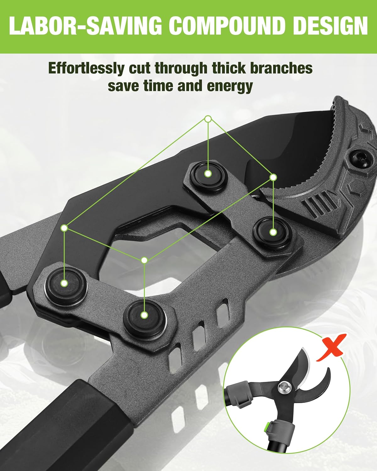 Anvil lopper head with compound-action pivot and serrated cutting jaw, black body.