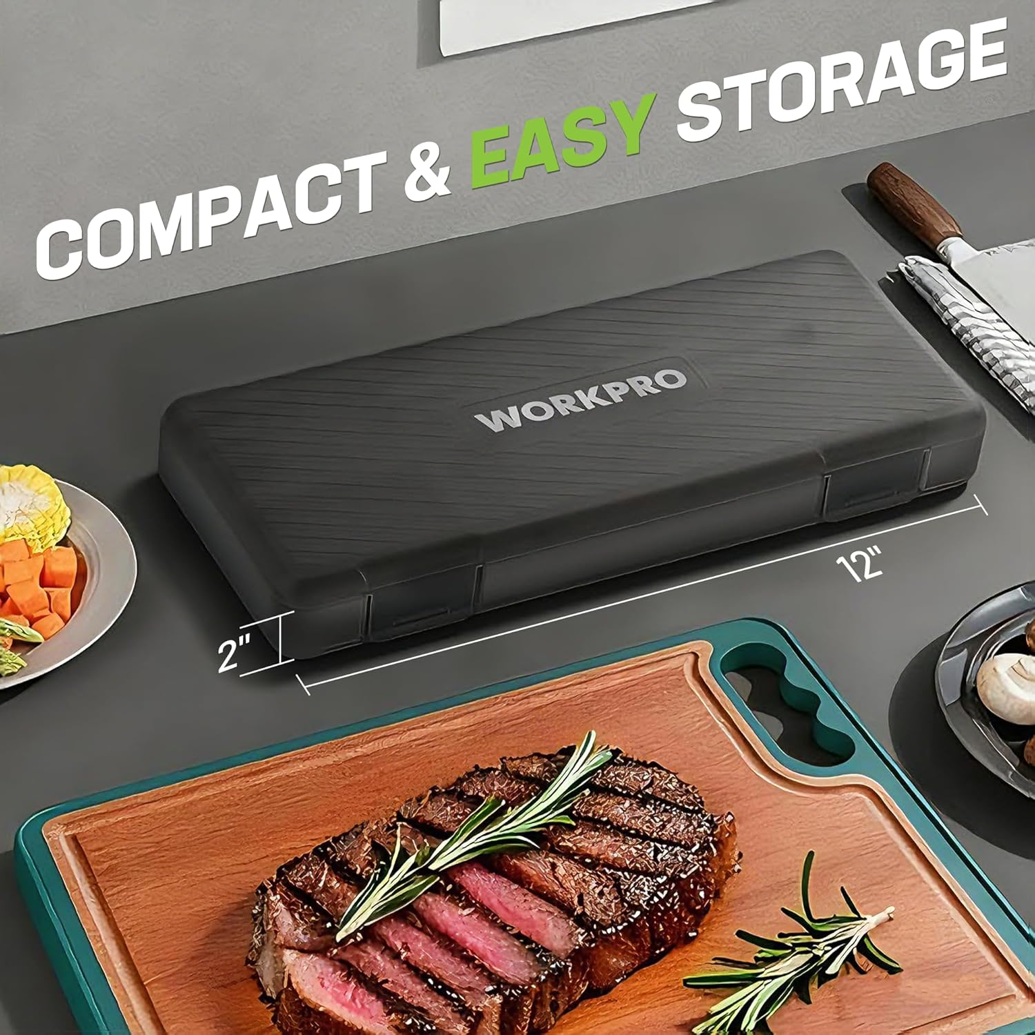 Cordless electric carving knife with compact storage case and serving fork attachment