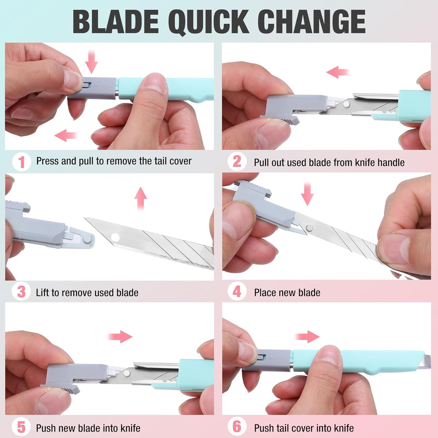 Retractable blade quick-change utility knife showing tail cap removal and blade placement