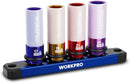 WORKPRO 1/2" Drive Lug Nut Impact Duty Socket Set, 4 Pieces 17-19-21-22mm Deep Thin Wall Socket Set, Made of Premium Cr-Mo Steel, Non-Marring Lug Nut Wheel Sockets for Car
