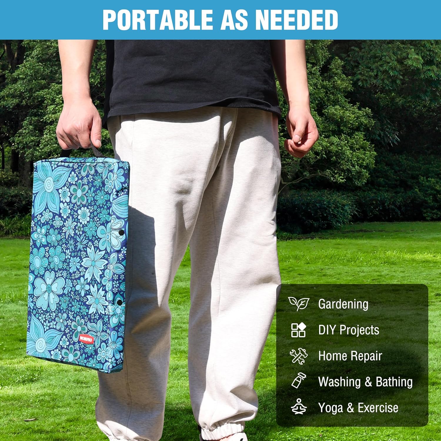 Blue floral kneeling pad with carry handle beside a person outdoors