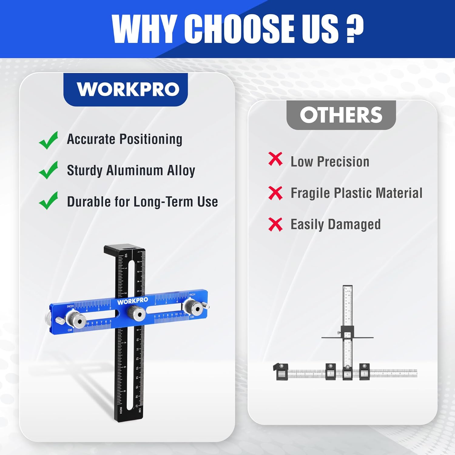 Cabinet hardware jig in box with blue aluminum rail and black measuring stand