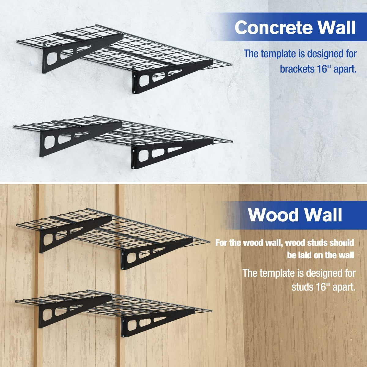 Black wall-mounted shelving brackets with wire decks for concrete or wood walls
