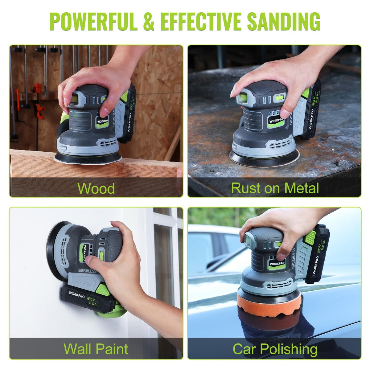 Cordless orbital sander sanding wood, rust, wall paint, and car polishing surface