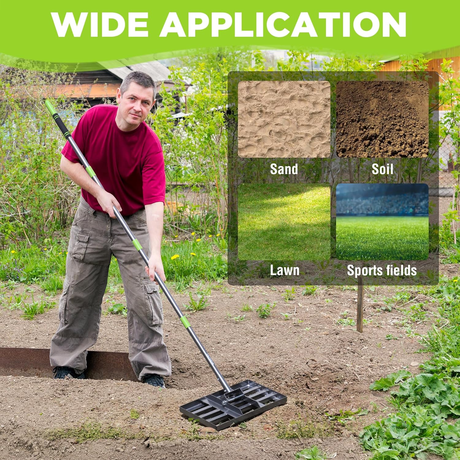 Lawn leveling rake with green grip used to level dirt in garden