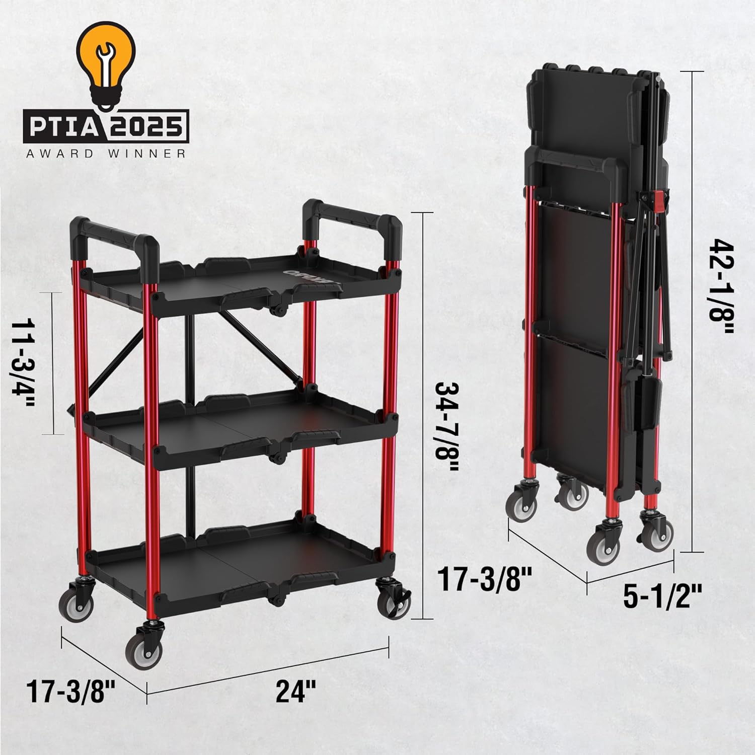 3-tier folding service cart with black shelves and red metal frame, four caster wheels, side view.