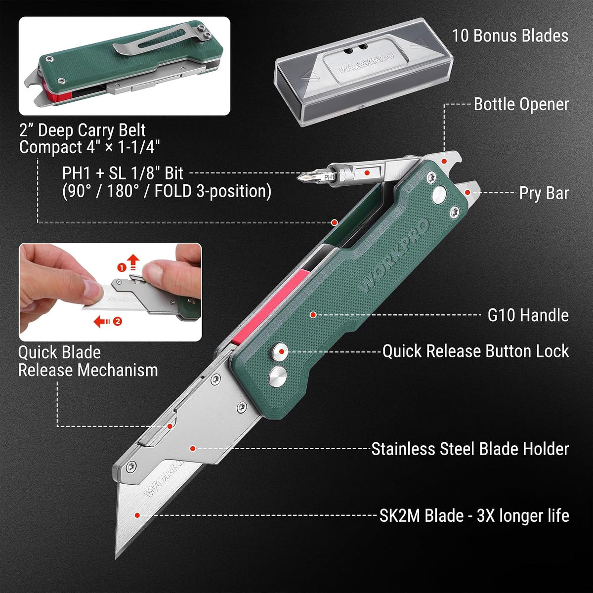 WORKPRO CNC Machined Utility Knife with extra 10 Blades, G10 Green Handle