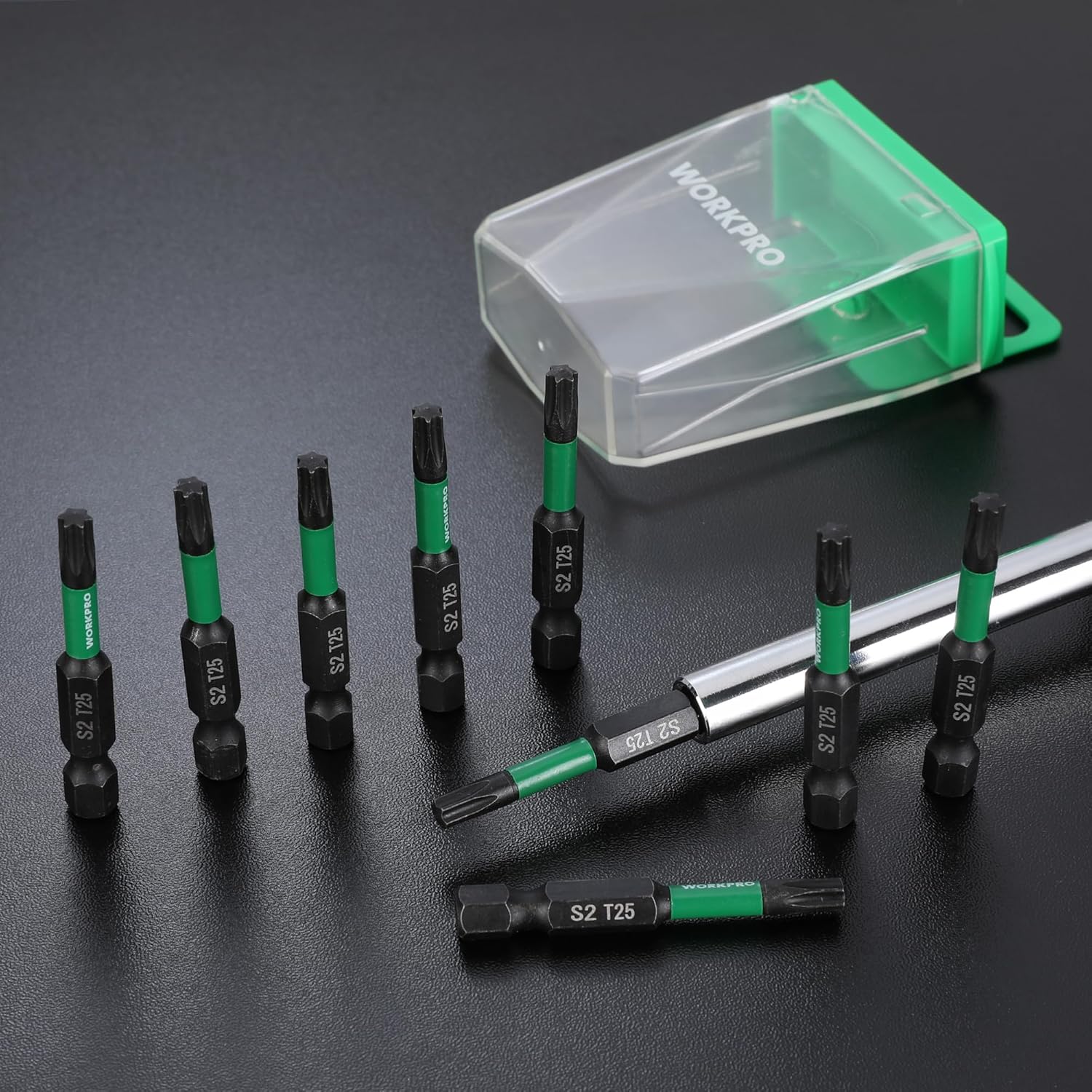 12-piece T25 Torx impact bit set, green-and-black bits, clear storage case